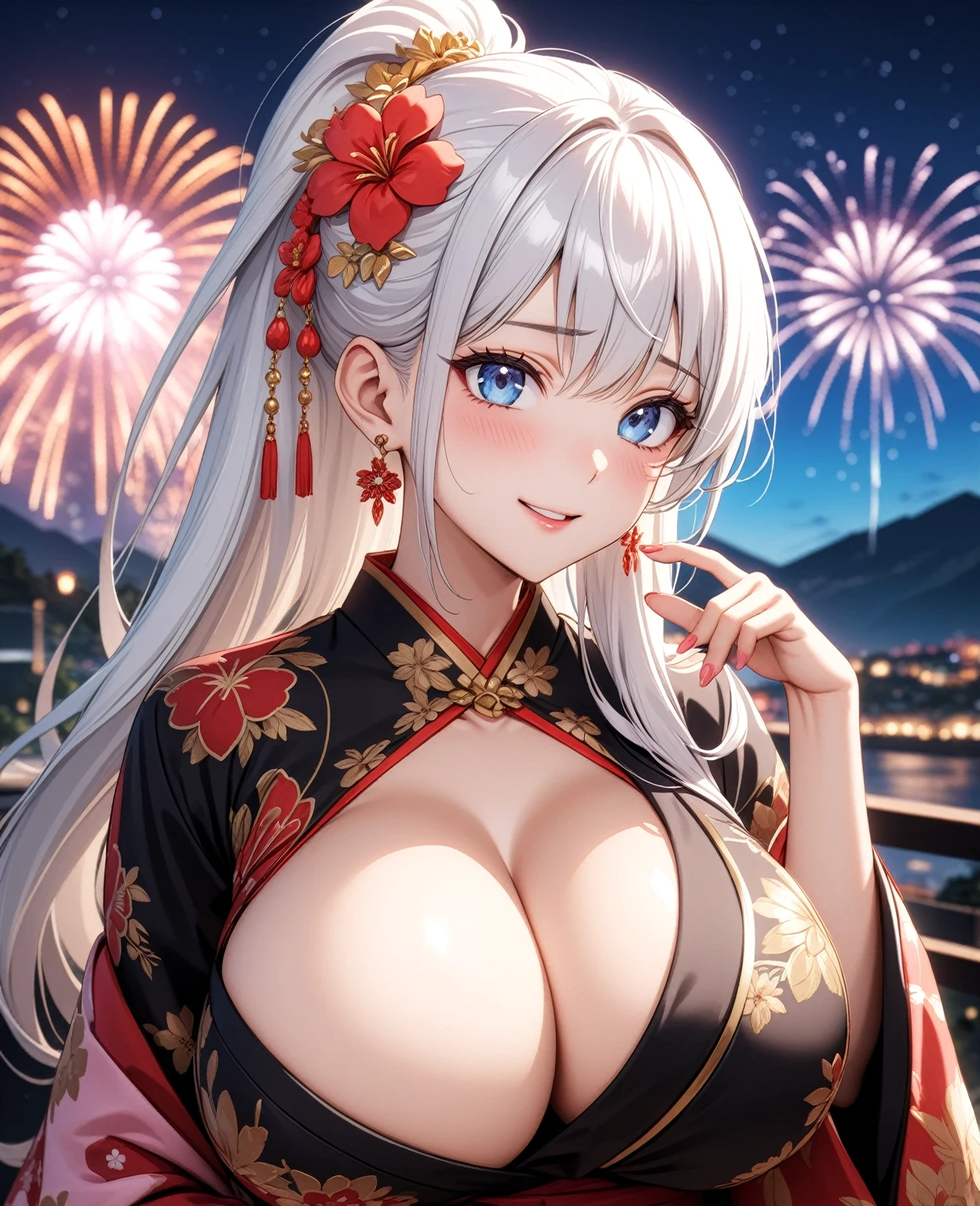 ((one personの女性)), Beautiful Face,Expressions of embarrassment and kindness,Laugh shyly,turn bright red,Glossy pink lips,night,Fireworks mountain,((Anime style background)),masterpiece, highest quality, so beautiful, up to date, Complex details, (Pink long nails),AI-generated, Complex,High resolution, highest quality, super high quality,3D Images、View your audience、3D Images,one person,Long white hair,High Ponytail,blue eyes,Anime woman posing for a photo, [[Fine grain、Colorful eyes、Shining Eyes:1.15]],(Squint your eyes:1.1),a hyperRealistic , hyperRealistic , Realistic,Long haired white haired anime woman, Smooth anime CG art, A woman in a colorful kimono with gold embroidery, (Black kimono),Red floral pattern,Long flower hair ornament,Big earrings,(Big Breasts:1.2),Mature Body,expensive,Big Ass,Fine details,Tight waist,Abdominal muscles,(Face close-up:1.5),
