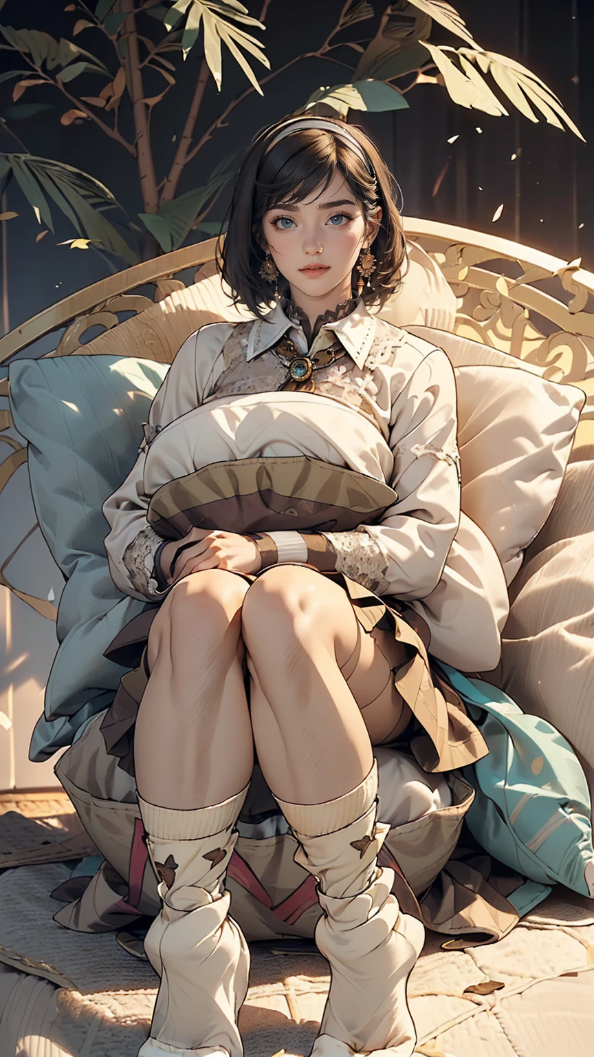((((highest quality))))、(((Ultra-precision CG16K wallpaper)))、(((masterpiece)))、(((Very detailed)))、(((Extremely detailed)))、((129 year old mature woman:1.6))、((とてもbeautiful日本人の顔))、((Zuo々Nozomi:1.5))、((Straight medium hair、Blunt bangs:1.5))、(Shiny brown hair)、beautiful delicate eyes、Brown eyes、eyeliner、eye shadow、High nose、Small nostrils、Small Mouth、Seductive lips、beautiful breasts、((C cup size breasts))、Cleavage、beautiful feet、eight-headed body、Perfect balance、Perfect Anatomy、Perfect composition、beautiful detailed shading、beautiful, Natural light、beautiful detail glow、Written boundary depth、(((High chroma)))、(((Genuine:1.9)))、((Vivid:1.5))、((beautiful Skin))、((Skin Texture))、((Genuineな皮膚感))、(((Full Shot:1.6)))、((Front view、Shoot from the front、Front Low Angle:1.6))、(((smile:1.4)))、((Women are watching this、View Viewer、Look forward:1.6))、Bright sunlight、Natural light、(((Life、Foliage plant:1.5)))、(Sitting pose:1.6)、(((Ivory cream collared lace cropped shirt、Pleated mini skirt:1.6)))、((Wide Hair Band、Earrings、Wearing a necklace:1.5))、(((Knee-high socks:1.6)))、(((A woman is sitting on her knees on a cushion:1.6)))、put on a choker