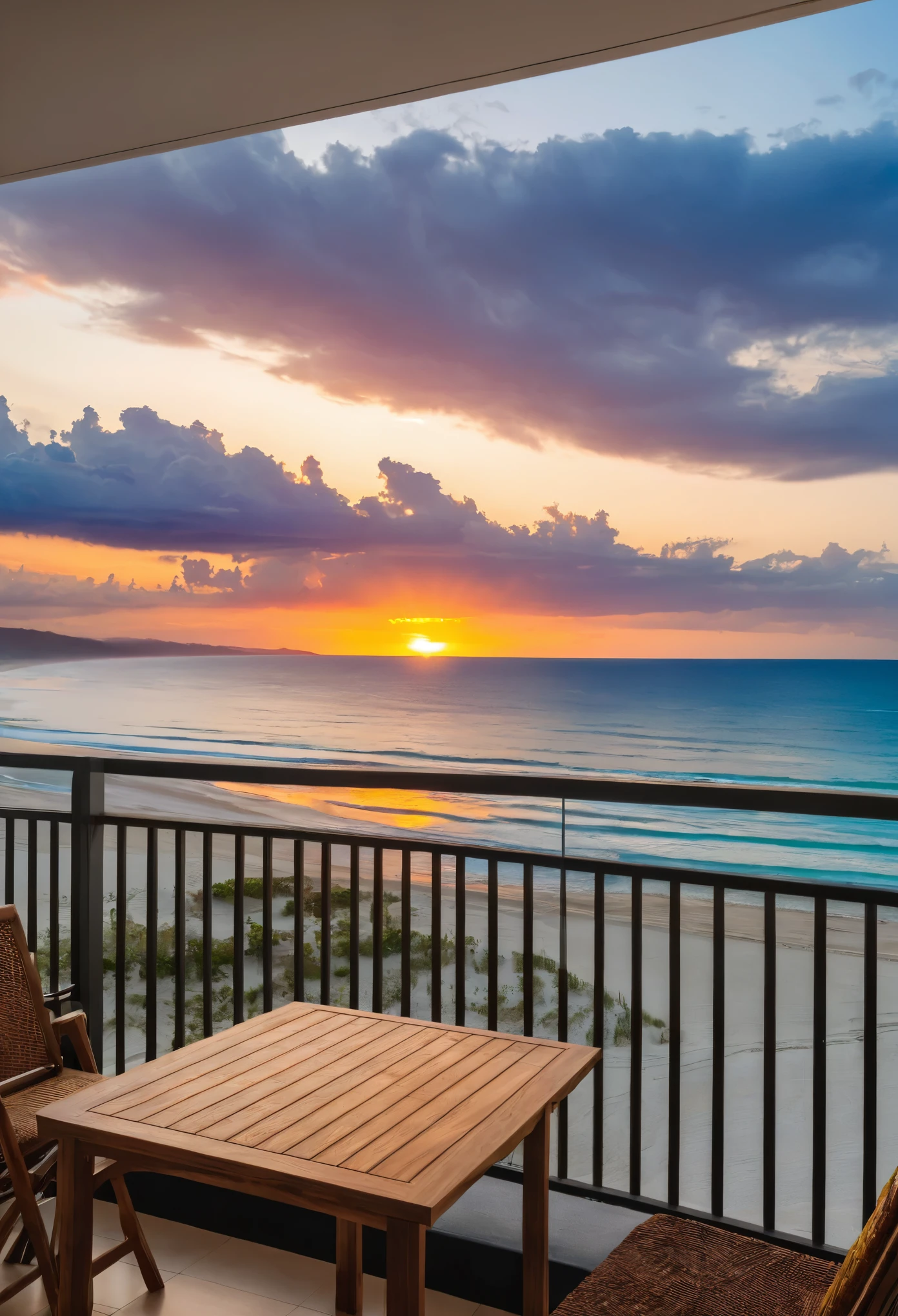 generates a sunset with a view of the beach from the balcony of a room
