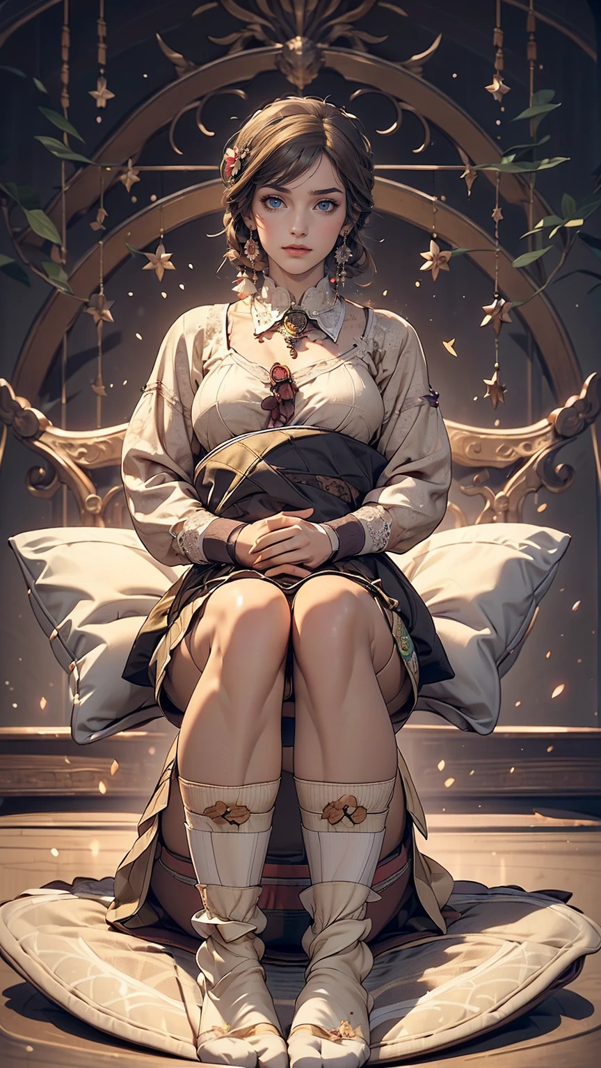 (((round face))), drooping eyes, shame, a young housewife, (focus on her mouth, ecstasy face, lewd girl, casual clothes, open legs, dark pantyhose and pubic hair), (((masturbating while she is touching her body by herself, tongue))), braid, (((art nouveau))), angle from below, eccentric pose,