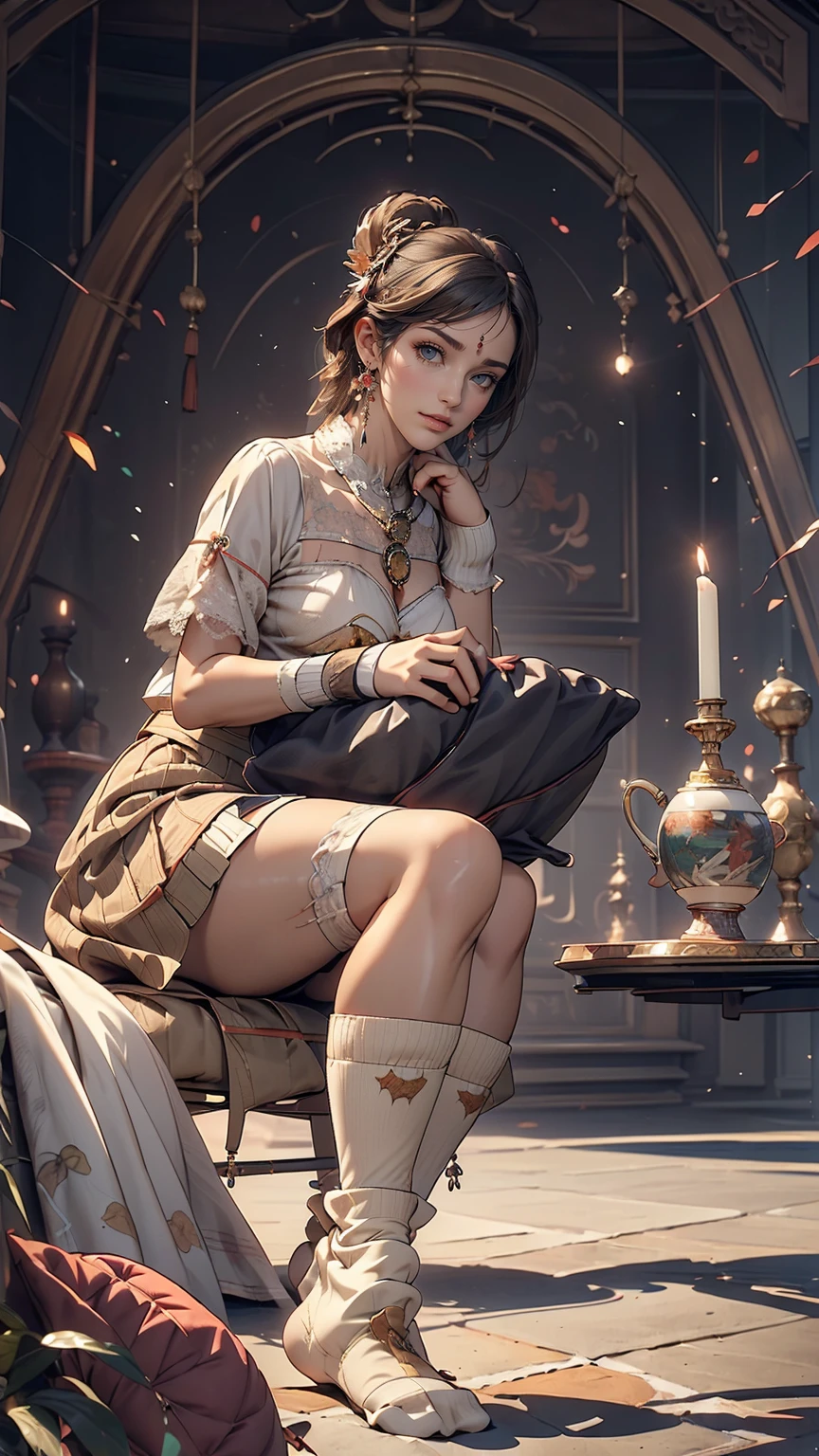 ((((highest quality))))、(((Ultra-precision CG16K wallpaper)))、(((masterpiece)))、(((Very detailed)))、(((Extremely detailed)))、((129 year old mature woman:1.6))、((とてもbeautiful日本人の顔))、((Zuo々Nozomi:1.5))、((Straight medium hair、Blunt bangs:1.5))、(Shiny brown hair)、beautiful delicate eyes、Brown eyes、eyeliner、eye shadow、High nose、Small nostrils、Small Mouth、Seductive lips、beautiful breasts、((C cup size breasts))、Cleavage、beautiful feet、eight-headed body、Perfect balance、Perfect Anatomy、Perfect composition、beautiful detailed shading、beautiful, Natural light、beautiful detail glow、Written boundary depth、(((High chroma)))、(((Genuine:1.9)))、((Vivid:1.5))、((beautiful Skin))、((Skin Texture))、((Genuineな皮膚感))、(((Full Shot:1.6)))、((Front view、Shoot from the front、Front Low Angle:1.6))、(((smile:1.4)))、((Women are watching this、View Viewer、Look forward:1.6))、Bright sunlight、Natural light、(((Life、Foliage plant:1.5)))、(Sitting pose:1.6)、(((Ivory cream collared lace cropped shirt、Pleated mini skirt:1.6)))、((Wide Hair Band、Earrings、Wearing a necklace:1.5))、(((Knee-high socks:1.6)))、(((A woman is sitting on her knees on a cushion:1.6)))、put on a choker