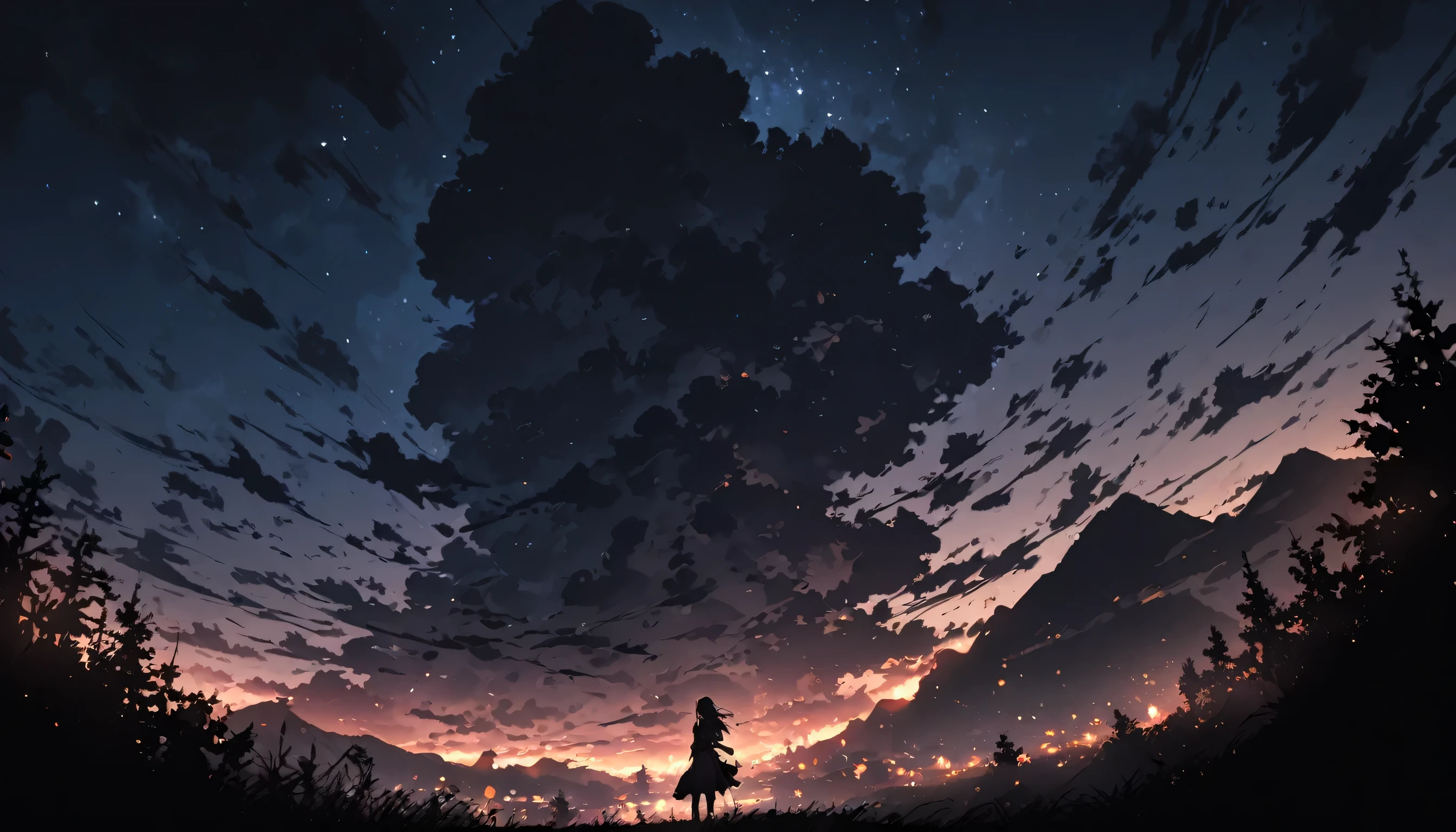 girl, 1 person, dark, night, landscape, darkness