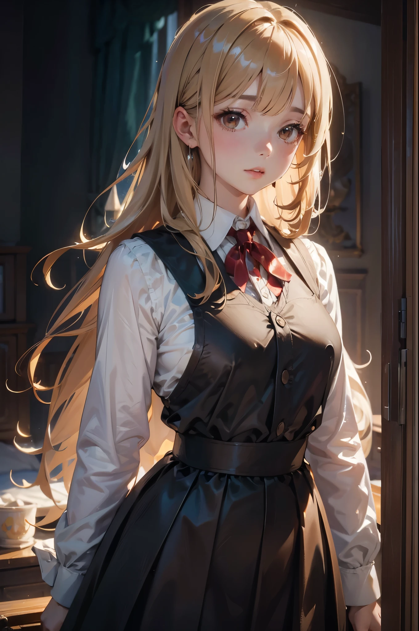 (best quality, High resolution), portrait, Upper Body, elegant, Adult women, Brown eyes, long hair, Side Bangs, [[brown hair]], (Blonde Hair), Broad shoulders, Suspender Skirt, cleveage, White curtains, Super detailed CG 8k