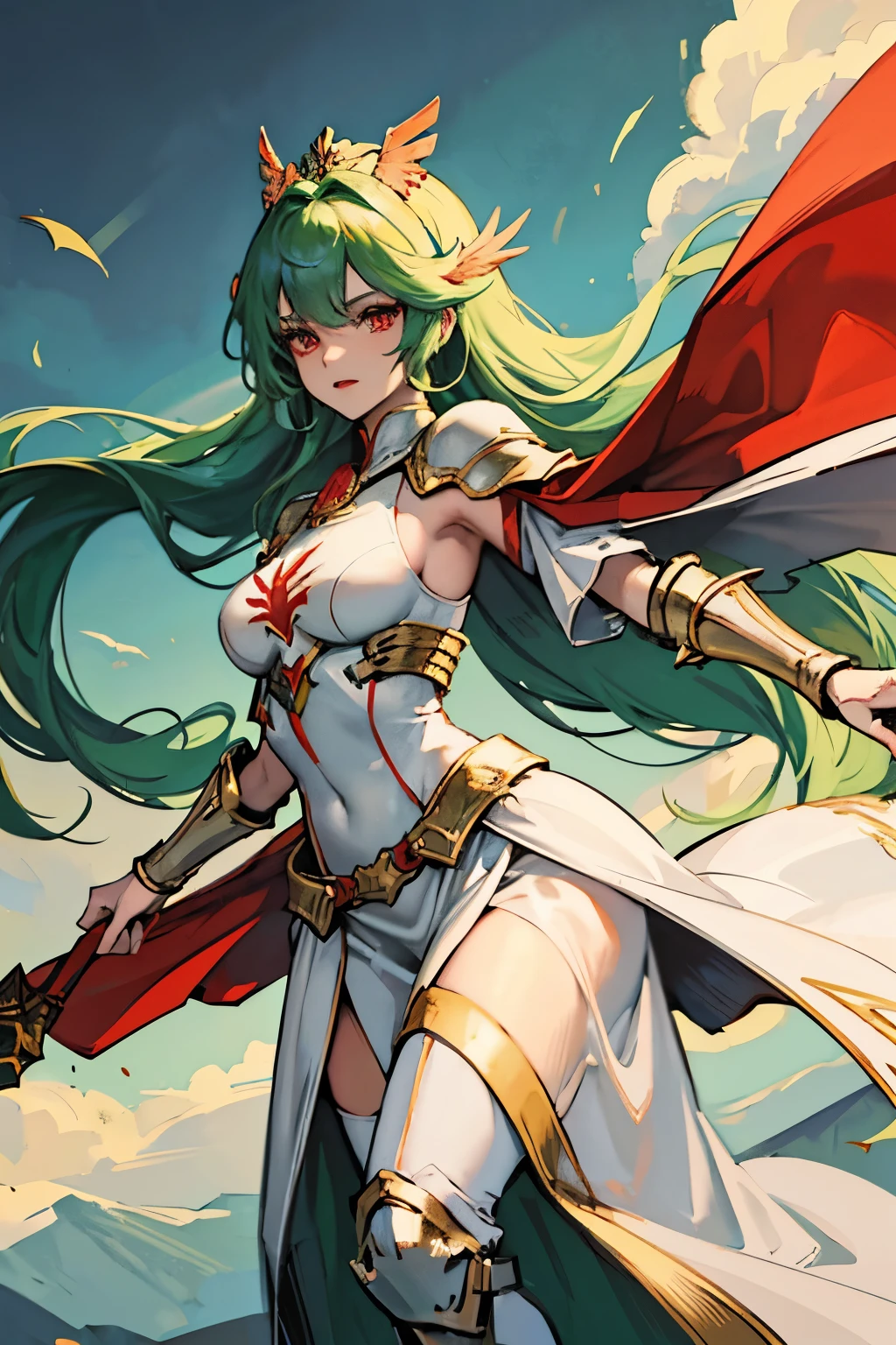 Woman, long green hair, red eyes, two small wings adorning her head, white full armor, heavy armor covering her entire body cataprax style, red cape, fearlessness, holding a shining spear, legendary character, natural lipstick.