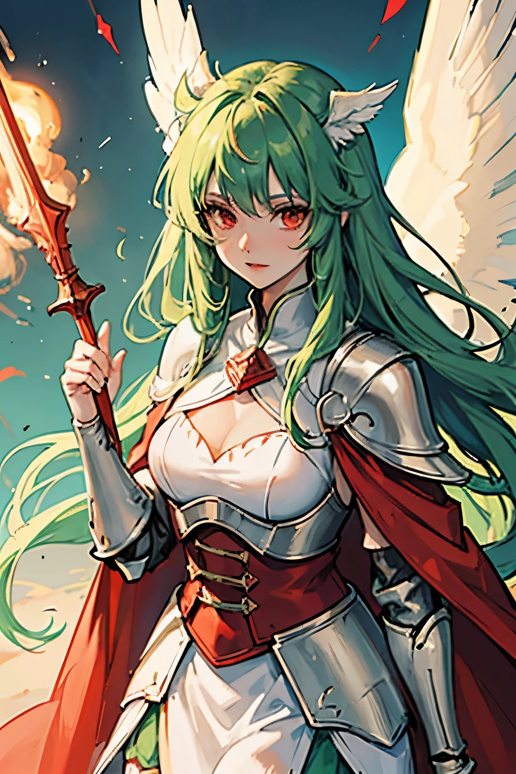 Woman, long green hair, red eyes, two small wings adorning her head, white full armor, heavy armor covering her entire body cataprax style, red cape, fearlessness, holding a shining spear, legendary character, natural lipstick.