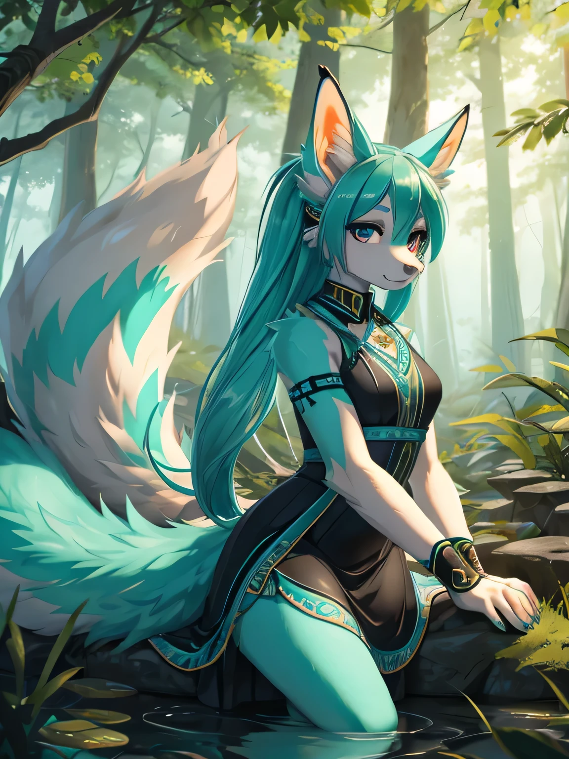 Miku Hatsune,vestido tradicional japones, definicion, orejas de kitsune, ultra HD, forest temple landscape