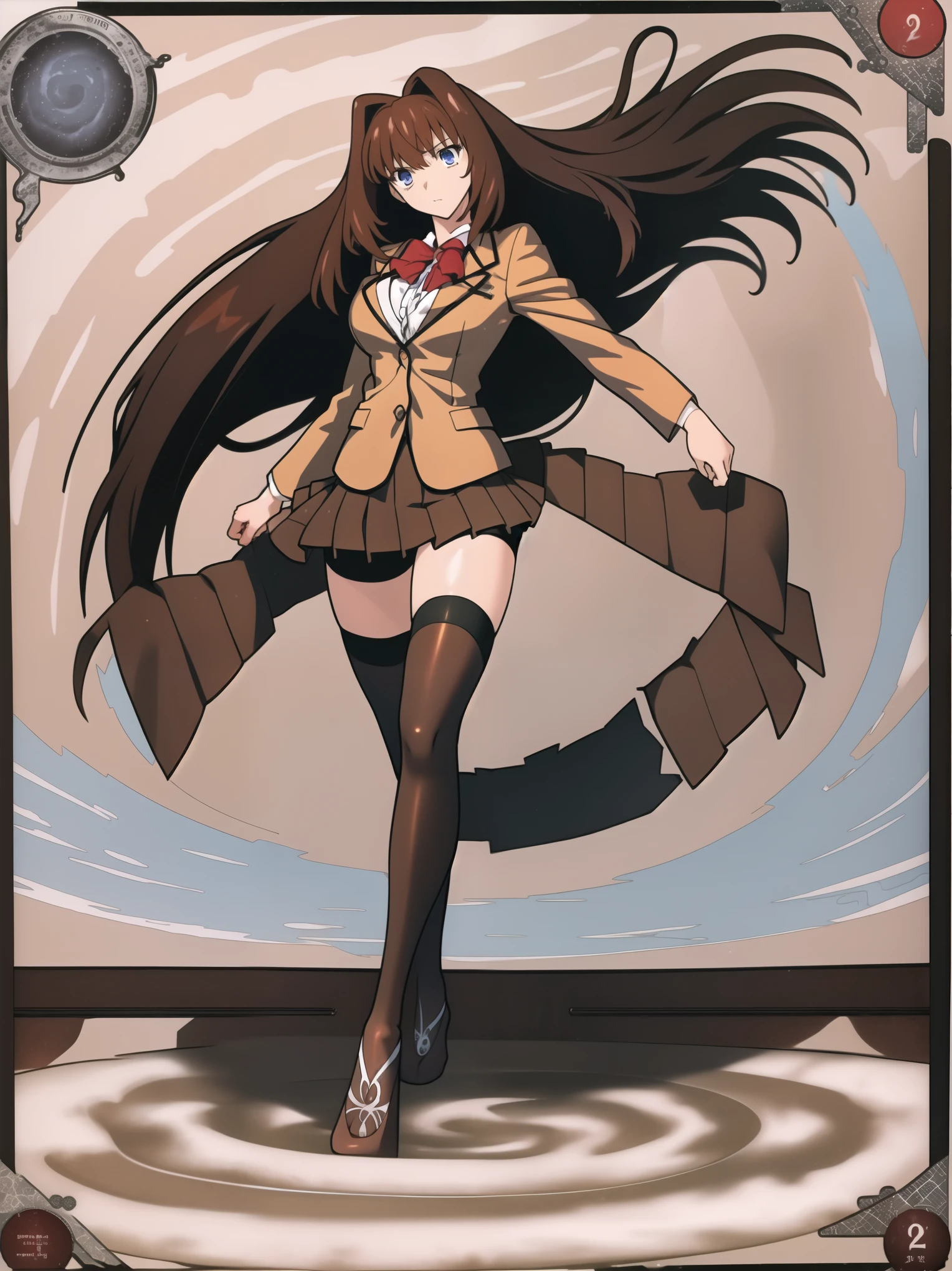 BREAK, (EMPTY BACKGROUND), BREAK (masterpiece:1.2), best quality, high resolution, 8k, illustration, (beautiful detailed eyes:1.6), extremely detailed face, extremely detailed body, CG, perfect hands, perfect anatomy, (((1girl))), ((solo)), ((((bbaoko))), (((2 legs max))), (((2 feet max:1.6))), ((swirling vortex shaped longest brown hair:1.5)), (brown longest hair with slightly reddish undertone:1.6), (lush luscious longest brown hair:1.6), (very long voluminous longest brown hair:1.5), serious, blue eyes, red bowtie, (Form-fitting beige blazer:1.5), brown jacket, (highly detailed beautiful face:1.2), (white shirt:1), (well shaped large breasts:1.6), (nice hips:1), (((Umber pleated thigh-high skirt:1.6))), (((black bike shorts:1.4))), (toned thighs:1.6), (jetblack thighhighs:1.6), (strap shoes brown color), (facing front:1.5), ((standing straight:1.5)), ((Fullbody in frame:1.6)), ((Full body:1.5)), (takeuchi takashi:1.5)
