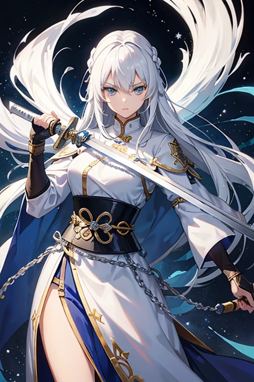 Saint Samurai,female,Air genasi,Tall height,slim body,white hair,blue eyes,Wearing silver chain mail,With a long sword in his hand,sacred