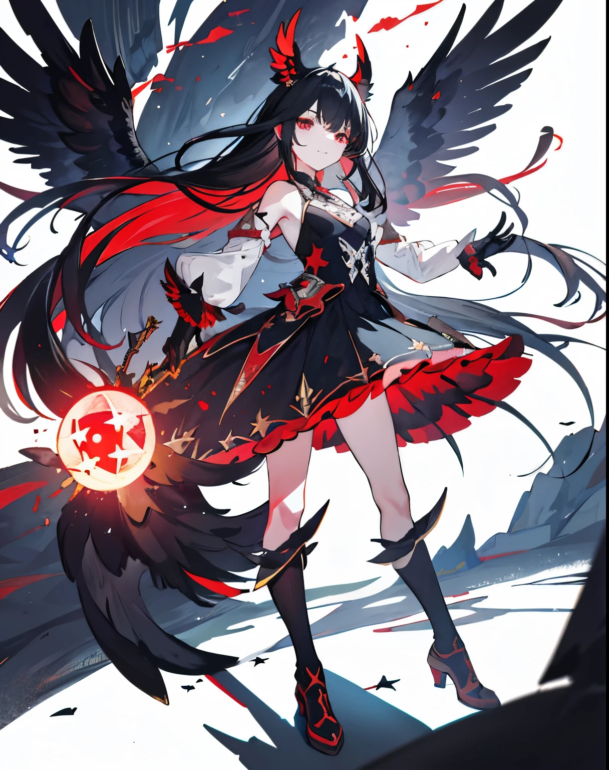 Art Station, White Background, Standing in the Wilderness,whole body、Equipped with Crow Gauntlets、Long Black Hair、triumphant smile、Small breasts、, As if smoke and shadows were given shape, Wings made from giant crows, Dancing crow feathers, Many glowing red eyes, Shadow Claw, Supernatural Lightning and Fire, ((Eight-pointed star symbol)), 8K High Resolution, トレンドArt Station, whole body,Black feather frill dress、A whirlpool of countless red-eyed crows、Nova explosion、Nuclear explosion