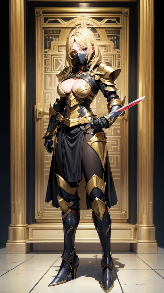 Blonde adult female cleavage,upper half mask,black sci-fi armor,Long skirt,iron boots,Standing,Sword,maze