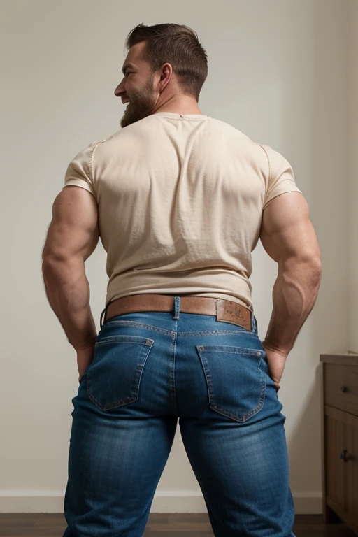 Award-winning original photoen, 30 years old man and wild muscular man, 40 years old, short beards, burly, hunk, wearing shirts, smilling happil, detailed, lovely, full body, creme jeans (((backside))) bent over