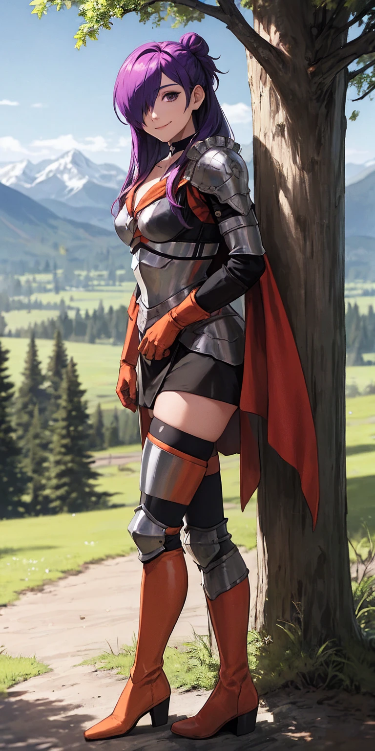 masterpiece, best quality, shez, hair over one eye, choker, armor, cape, black dress, single glove, thighhighs, armored legwear, orange boots, from side, standing, whole body, looking at viewer, smile, closed mouth, trees, mountains