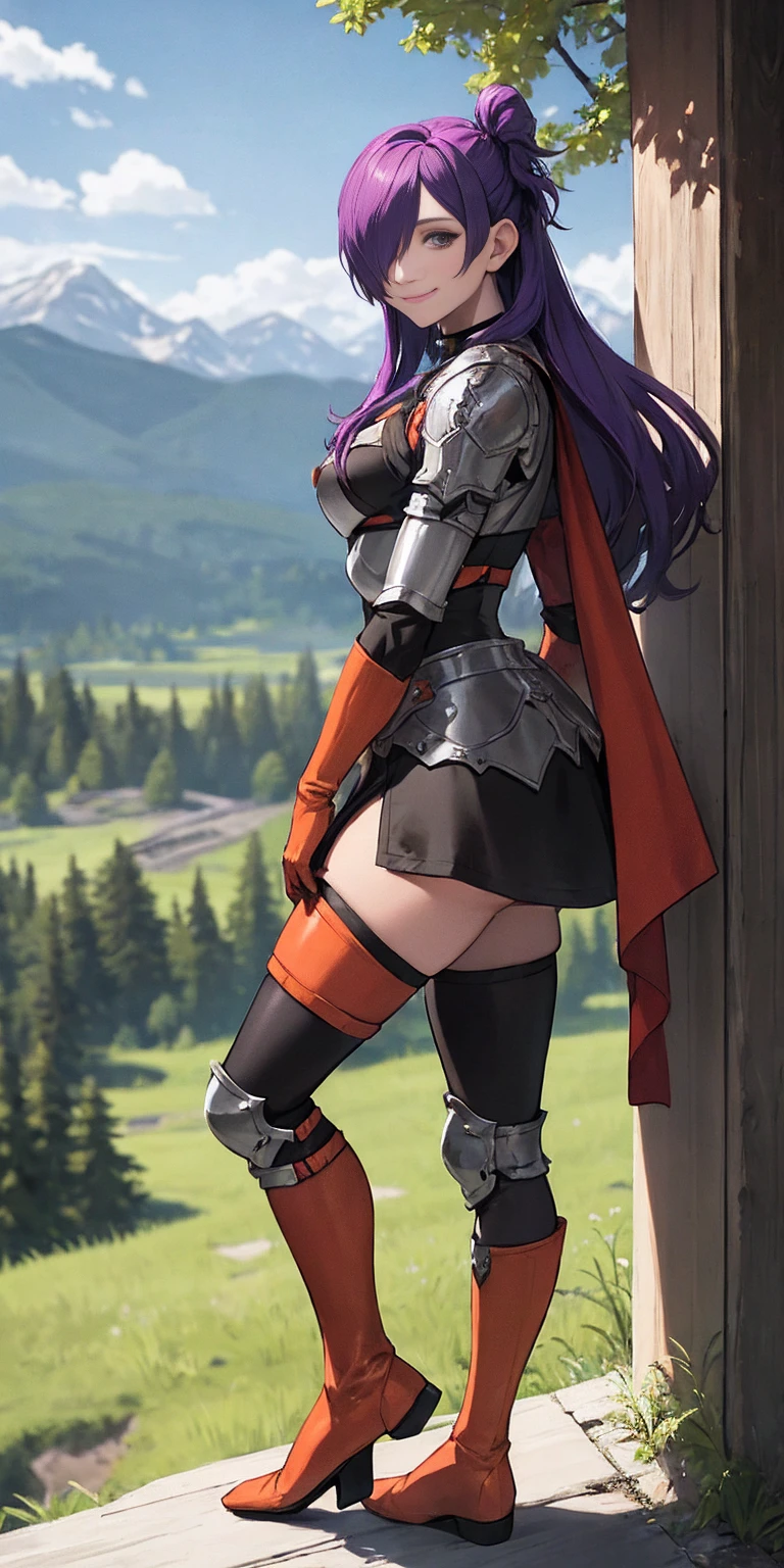 masterpiece, best quality, shez, hair over one eye, choker, armor, cape, black dress, single glove, thighhighs, armored legwear, orange boots, from side, standing, whole body, looking at viewer, smile, closed mouth, trees, mountains