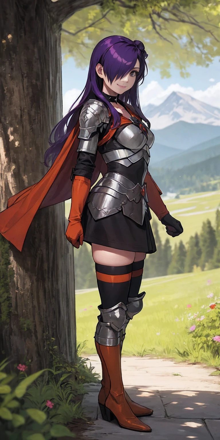 masterpiece, best quality, shez, hair over one eye, choker, armor, cape, black dress, single glove, thighhighs, armored legwear, orange boots, from side, standing, whole body, looking at viewer, smile, closed mouth, trees, mountains
