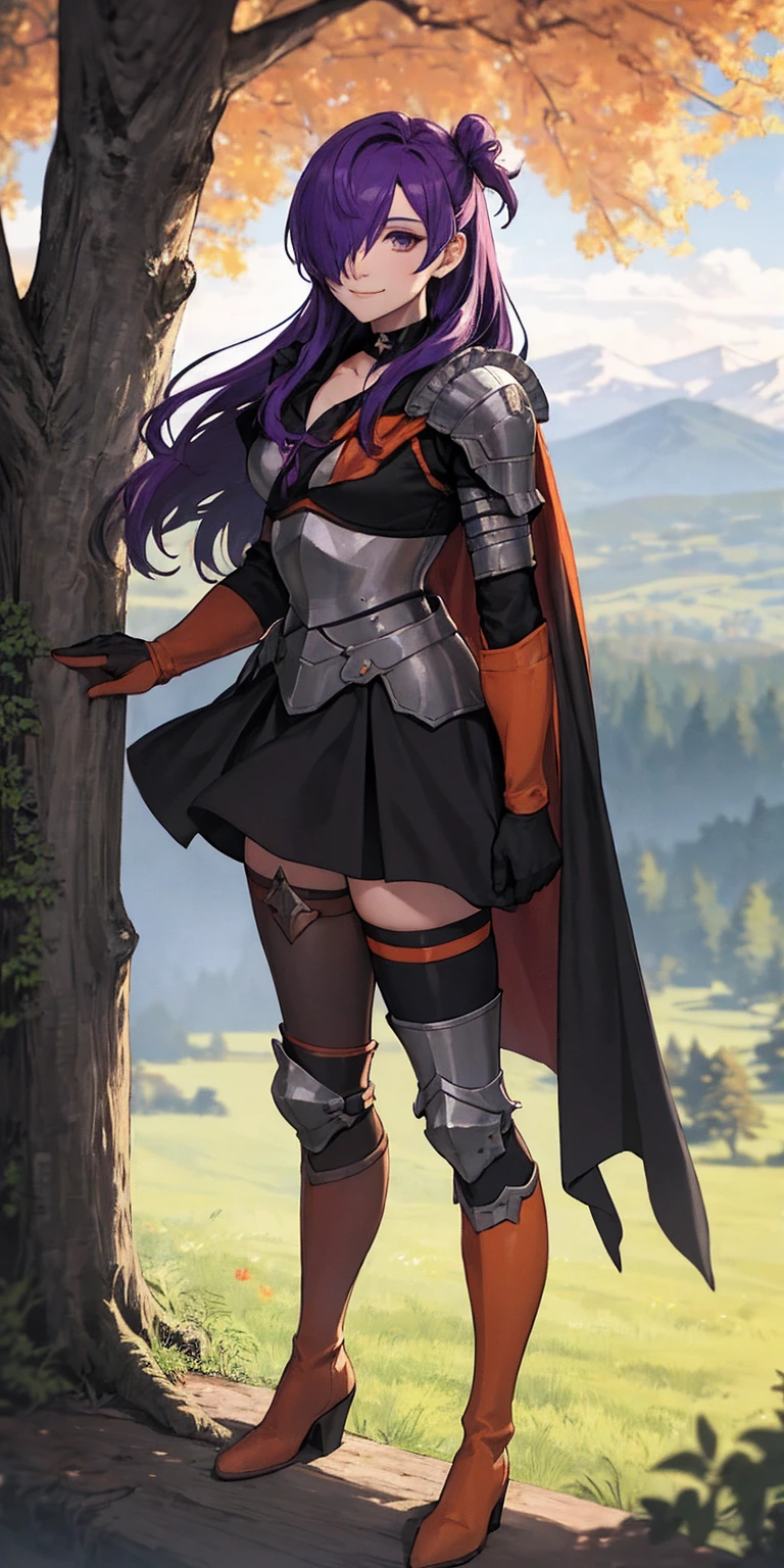 masterpiece, best quality, shez, hair over one eye, choker, armor, cape, black dress, single glove, thighhighs, armored legwear, orange boots, from side, standing, whole body, looking at viewer, smile, closed mouth, trees, mountains