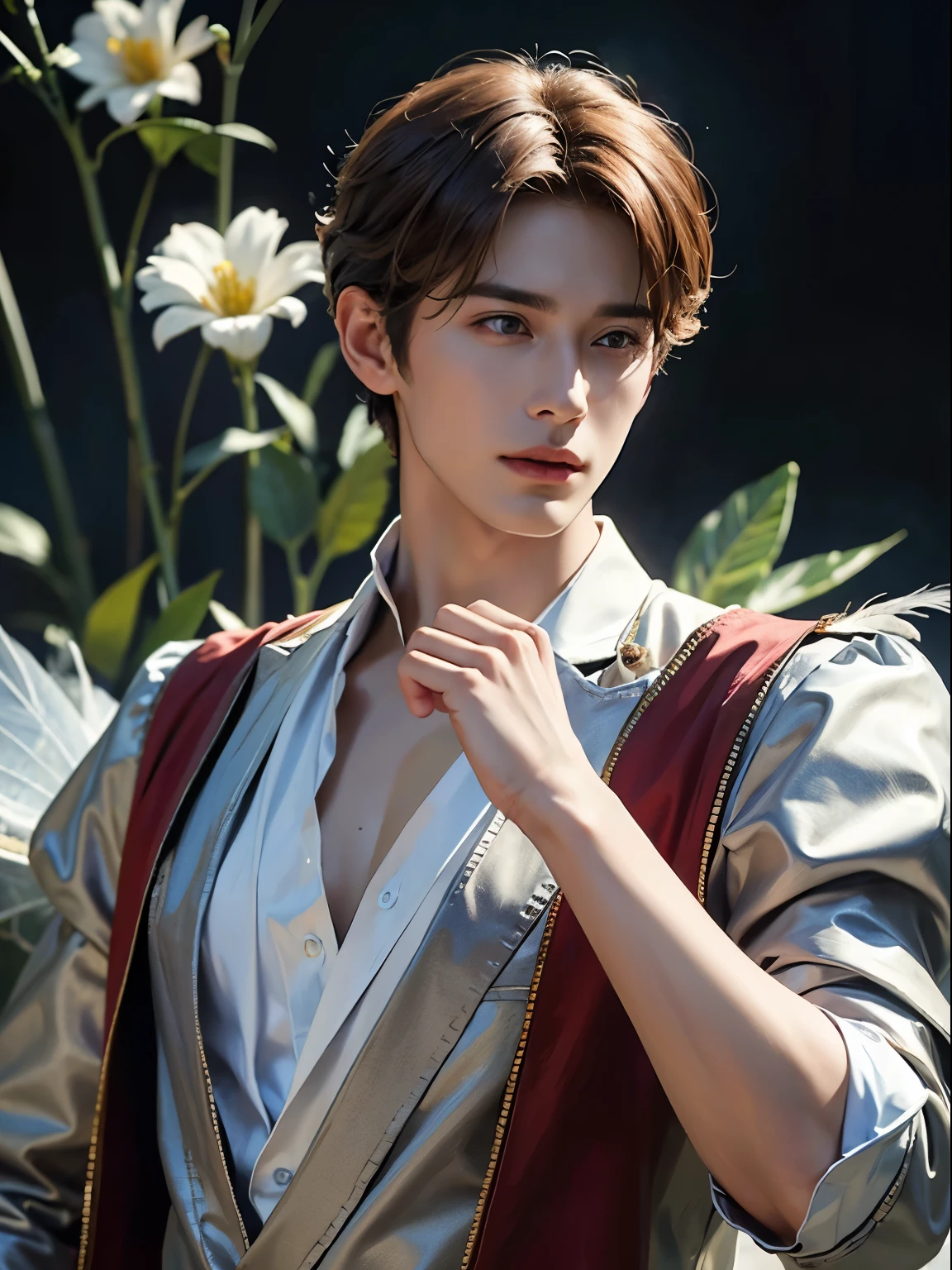 Several handsome 22 year old men. Short golden hair. The style of the film is fantasy and realistic, and the goal was to create a realistic and beautiful image that makes the viewer happy, as they fall in love with the expressions on the men's faces. The men have hairstyles with bangs and no body hair except head hair. Masterpiece, top quality, super high resolution, (realistic: 1.6), handsome 25 year old man, (fantastic feathers. Transparent costume. The main character is a fairy. Very big flower background. He looks at us. He seems to be in love with the viewer.