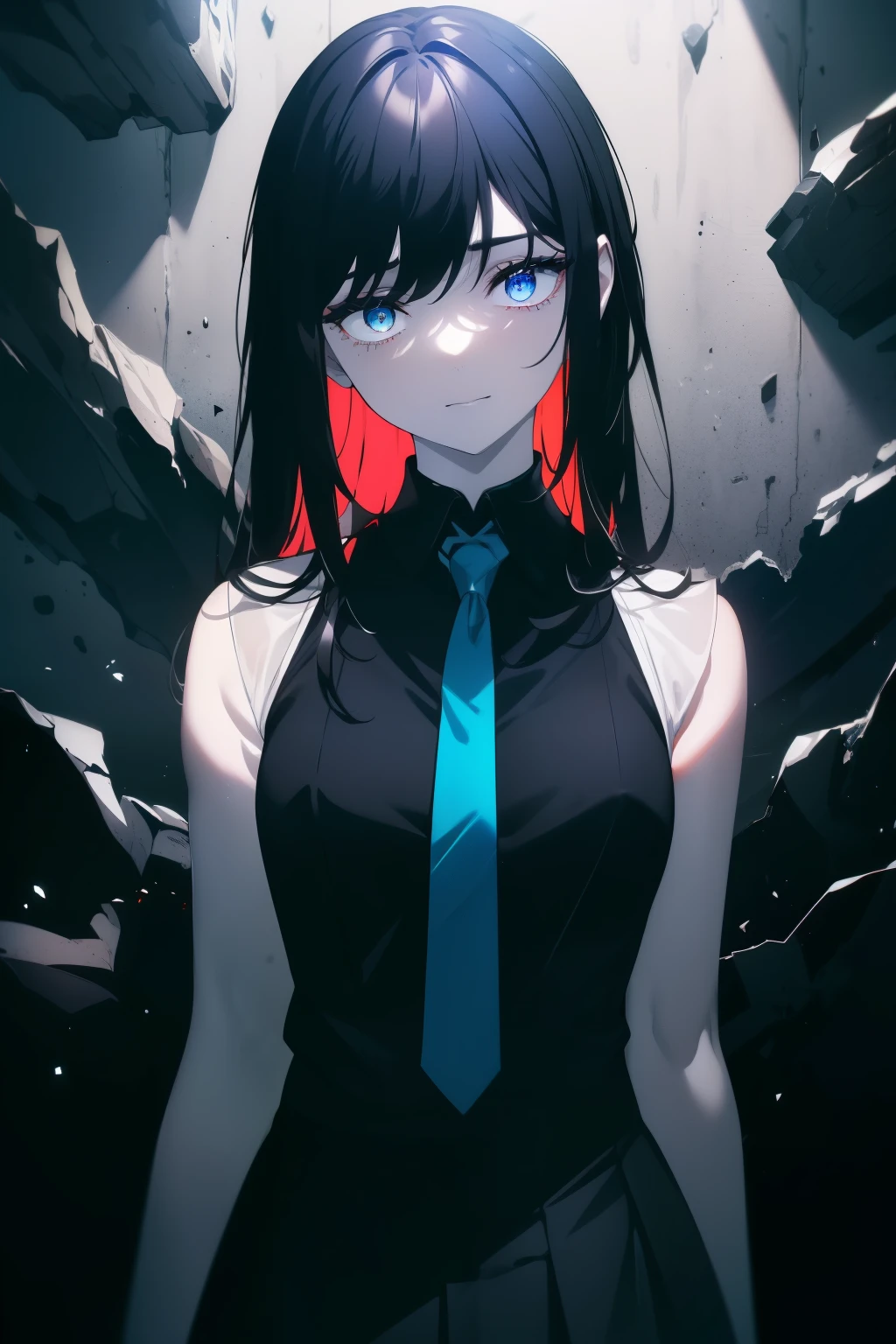 (Obra maestra, La mejor calidad, ultrahigh resolution), 1girl, standing, , white office shirt, black pleated skirt, ((jet black, jet black hair:0.7), long hair cut, pale skin, ((blue eyes)), glowing_eyes, neon eyes, (ultra detailed eyes, beautiful and detailed face, detailed eyes:0.9), ((centered)), smile, ((wide shot)), facing viewer, eye level, (black background, embers, fire), flat chested, looking at viewer, ((half closed eyes)), ((perfect hands)), (((head, arms, hips, elbows, in view))), ((hands behind back)), empty eyes, beautiful lighting, background, defined subject, 25 years old, perfect anatomy, perfect body