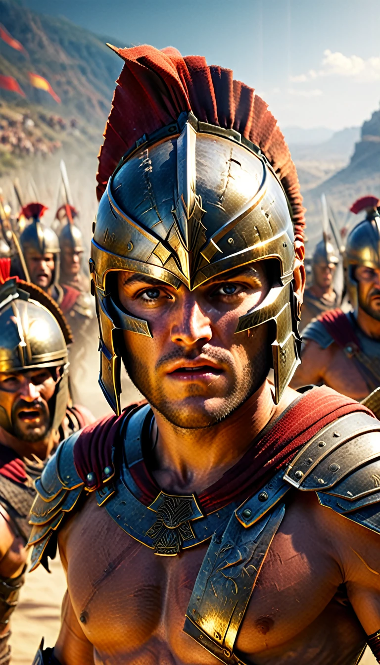 Full body, Create a detailed image of the annual Spartan event, featuring a massive arena where the best Spartan warriors and the bravest Helot slaves prepare to battle to the death, detailed face, detailed face expressions, natural face expressions, face in detail, asymmetrical faced, fair and smooth skin, detailed hands, detailed fingers, masterpiece, cinematic lighting, physically based rendering, lens flare, award winning rendering, perfect rendering detail, 8K, realism, detailed background, everything in detail, cinematic shot, dynamic lighting, 75mm, Technicolor, Panavision, cinemascope, fine details, 8k, HDR, realism, realistic, key visual, film still, superb cinematic color grading, depth of field,