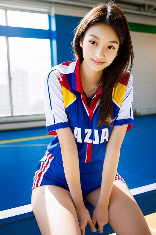 (masterpiece), (best quality), (ultra detailed),(disheveled hair),(illustration), (1girl),smile, (volleyball uniform:1.3), (bike shorts),(skinny uniform:1.4),(open chest:1.4),tanding, Fashion model, looking at viewer, (interview), (simple background),beautiful detailed eyes, delicate beautiful face, Floating,(high saturation),(colorful splashes),colorful bubble,(shining), focus on face, ponytail, kamisato ayaka, light blue hair, bangs, hair ring, floating flowers, floating hairs, (shining), best lighting, best shadow,(camel toe:1.2),show off camel toe,spread legs
