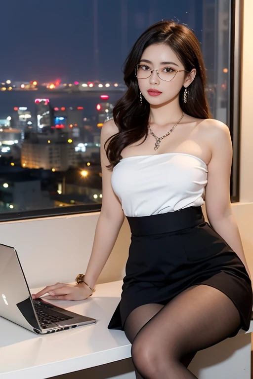 in the office，a young beautiful lady，Wear professional attire，suit，red bandeau underwear，with glasses, slit covered skirt。Bigger and wider hips，thin waist，some。Dressed up with jewelry，necklace，earrings，watch，High heel，black stockings。Painted with light makeup，beautiful eyeeautiful lips，very beautiful，Very temperamental。sitting at desk，camel toe，Look at the file，With computer and keyboard。Background  modern city office buildings，Very modern，There  a lot of space，Outside the window  the night view of the city，Modern Shanghai city night view。8 p.m，City neon lights flashing。Professional lighting effectovie shot，intricate details，The best resolution，masterpiece。
