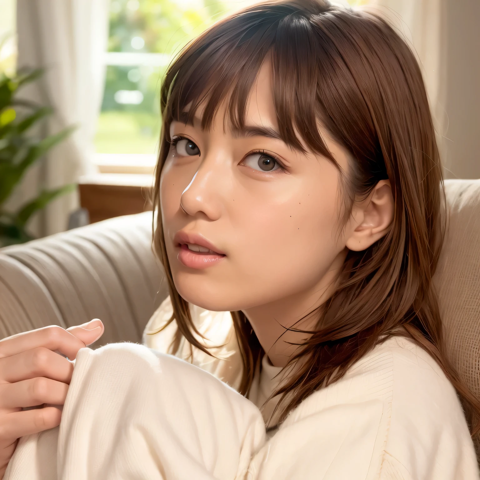 A woman around 40 sitting on a sofa holding a green pillow, ayami kojima amano, Another close up of Iwakura, iwakura lain, yasumoto oka, deayami kojima, aoi ogata, motto hole, kimi takemura, Chiho, Ayami-kun、now, Sui Ishida, beautiful japanese girl face