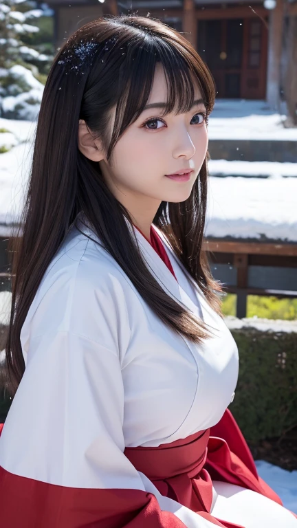 8K、Detailed Description、Very high definition、Realistic、reality的、Real、live-action、reality、High resolution、Nogizaka46、japanese idol,beautiful girl、21 years old、profile,Daytime、Snow Scene、Dark brown eyes,red hakama,white japanese shrine maiden outfit,shurine,light smile,Shrine grounds、Shrine maiden、Shrine maidenの衣装、Mouth closed、Long Hair、Knee-up-top angle of view、Back view、look back、Very black hair、pretty girl、Beauty、Glowing Skin、Glowing Skin、Shiny Hair、Very white skin、Heavy makeup、Large Breasts、Slit eyes、Dark brown eyes、Big Eyes、Double eyelids、Don&#39;t show your teeth、Look at me and smile、clear、smile、light smile