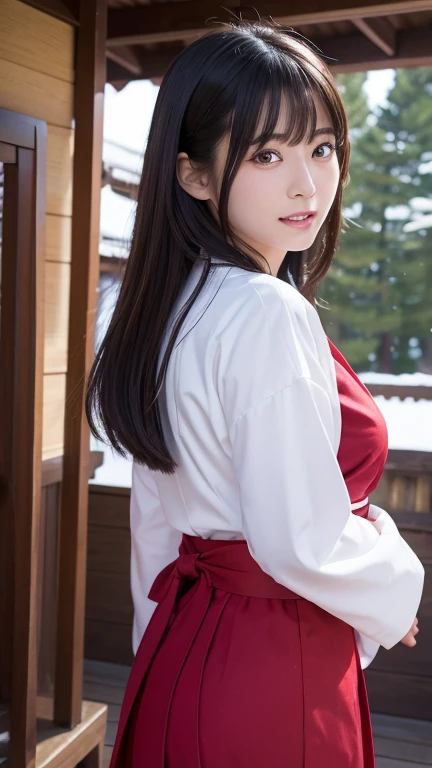 8K、Detailed Description、Very high definition、Realistic、reality的、Real、live-action、reality、High resolution、Nogizaka46、japanese idol,beautiful girl、21 years old、profile,Daytime、Snow Scene、Dark brown eyes,red hakama,white japanese shrine maiden outfit,shurine,light smile,Shrine grounds、Shrine maiden、Shrine maidenの衣装、Mouth closed、Long Hair、Knee-up-top angle of view、Back view、look back、Very black hair、pretty girl、Beauty、Glowing Skin、Glowing Skin、Shiny Hair、Very white skin、Heavy makeup、Large Breasts、Slit eyes、Dark brown eyes、Big Eyes、Double eyelids、Don't show your teeth、Look at me and smile、clear、smile、light smile