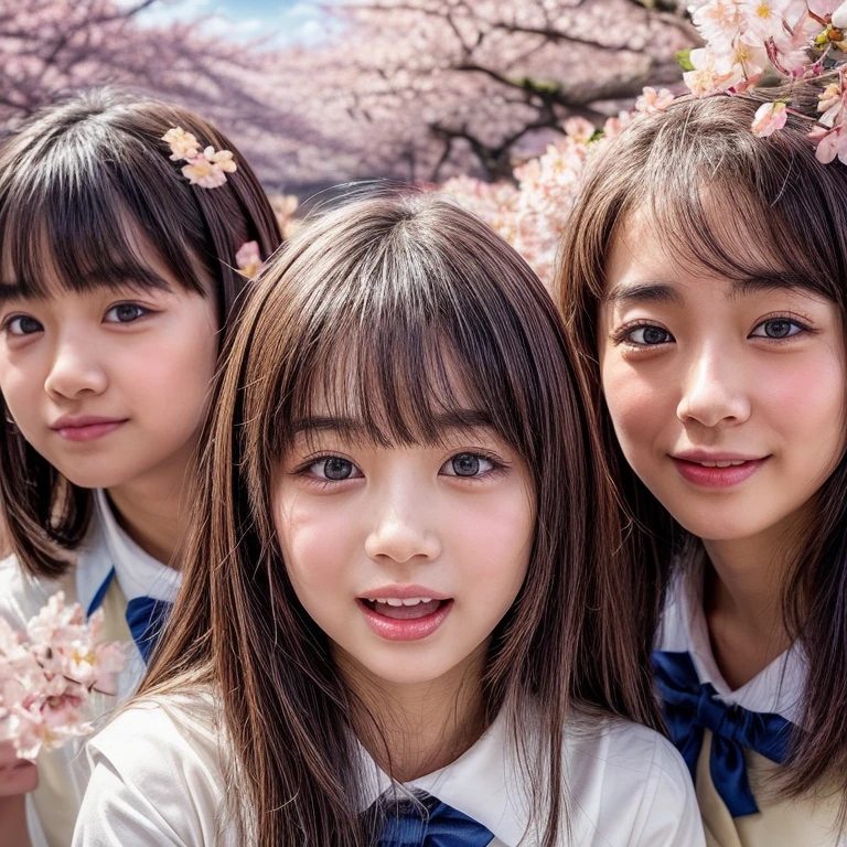 Best_Quality, (masterpiece:1.2) of Hi-Res photo, (realistic and photorealistic with touch of rawness:1.37), (Panoramic) (group photo:1.6), (((SchoolGirls))) (Surrounding the camera), (Filled with many Faces), (NOGIZAKA face variations:1.4), Wearing schooluniform, { (Looking down at the camera) | (Kissing face to face) }, (((close:1.4, Face closeup from below:1.4))), (((Sky background) with CherryBlossoms)) . BREAK Extremely Detailed KAWAII face variations, captivating gaze, elaborate detailed Eyes with (sparkling highlights:1.2), long eyelashes、Glossy RED Lips with beautiful details, Coquettish tongue, Rosy cheeks, Glistening ivory skin . (Dynamic joyful expressions | :D), Childish .