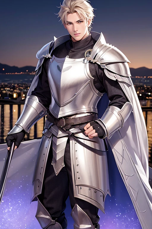 Please make an image of a handsome male wearing a knight armor with the background of a beautiful city night.