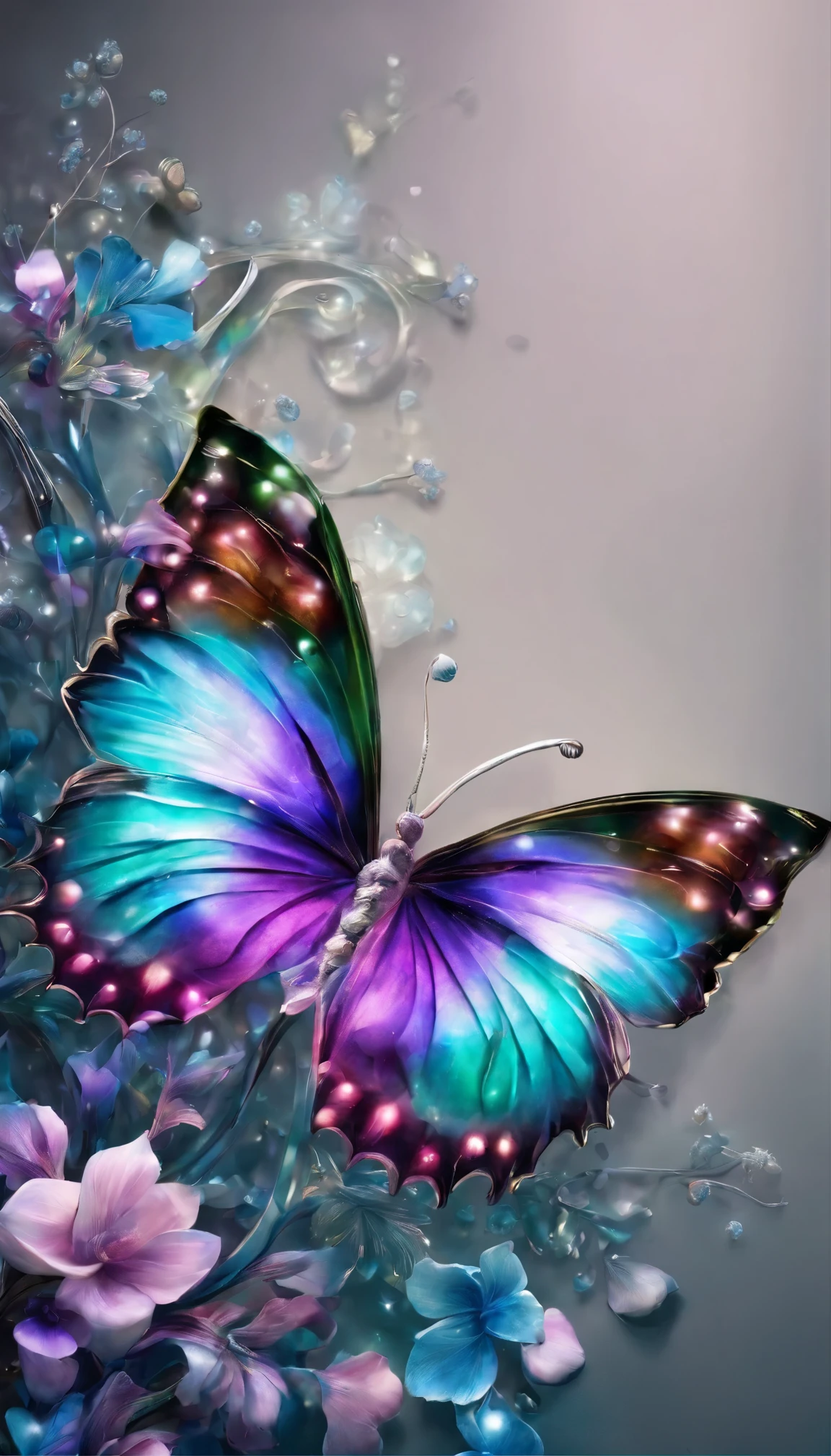 The background is greenblue,moon light,All expressed with jewels, the arrival of spring, various beautiful flower
, Beautiful purple swallowtail butterfly,angles looking up from below, various jewels falling from the sky, wonderful and beautiful superb view, slightly hazy, fantastic, high resolution, 8K, (best quality, highres, realistic:1.37), shiny metallic flowers, intricate and delicate petals, reflective surfaces, vibrant colors, intricate details, close-up view, surreal garden, surreal beauty, dreamy atmosphere, fine art, abstract botanicals, metallic sculpture, contrasting textures, ethereal glow