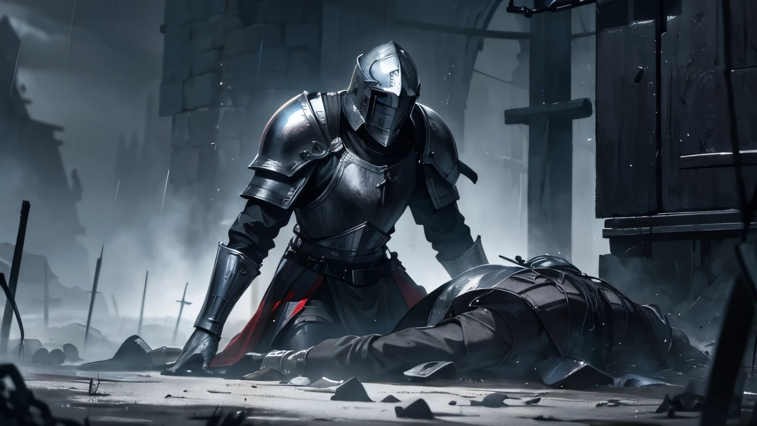 A fantasy-style photo of a medieval knight.。Black rain is falling, creating a dark image. The knight is wearing a metal helmet and his face is not visible.、The body is fitted with chain mail and a breastplate.。The breastplate is decorated with a cross。He knelt down、Holding the sword with both hands。With a shield in his right hand、It is leaning against the ground。The background is outdoors、Medieval warfare, knights fighting amongst fallen soldiers。It portrays an atmosphere of sadness and confusion.、From the knight&#39;s posture and equipment、It appears to represent a scene of prayer or despair.。

