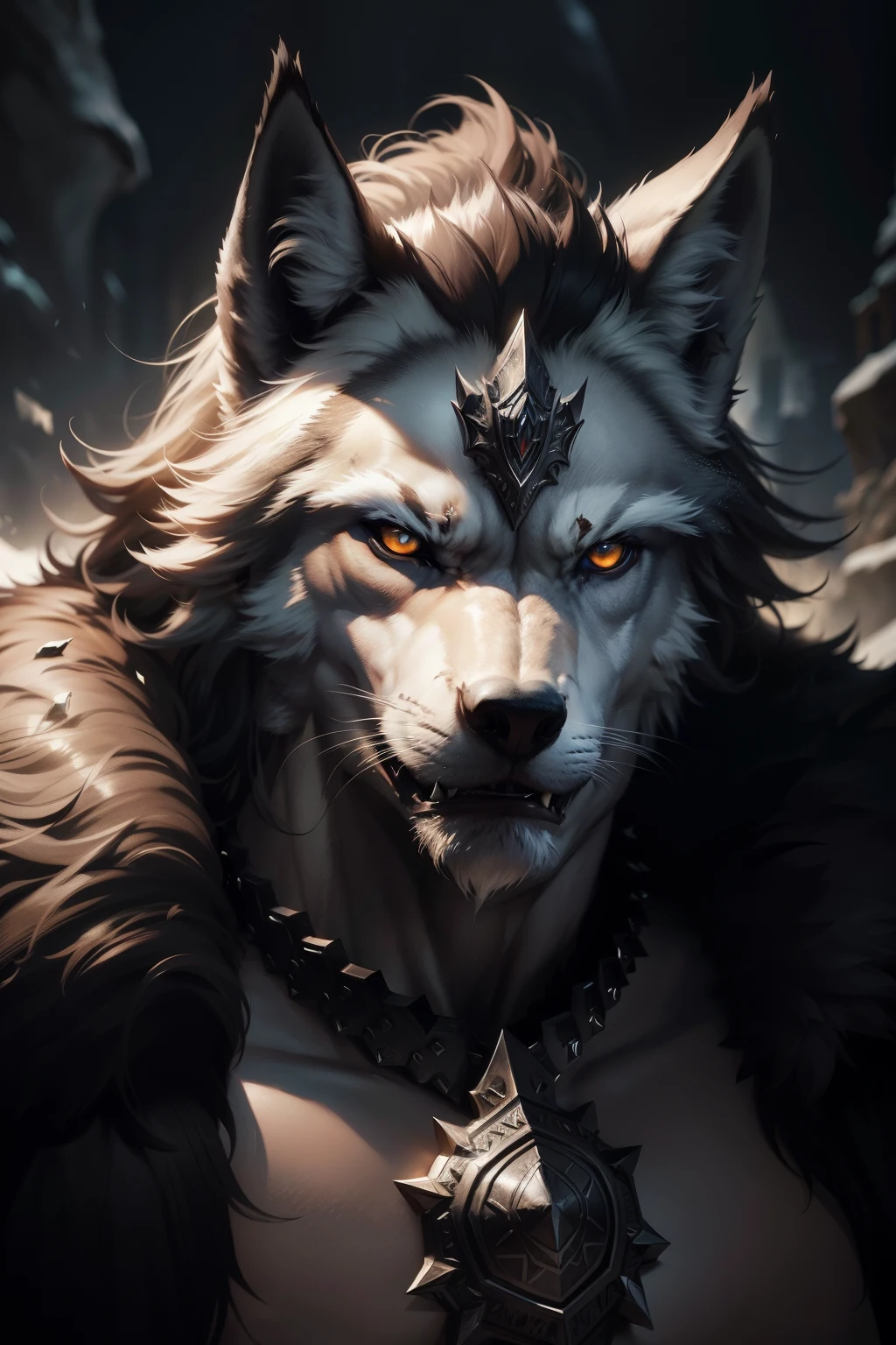a majestic wolf king, detailed portrait, piercing eyes, sharp fangs, fur coat, powerful muscles, dynamic pose, dramatic lighting, dark fantasy, cinematic composition, moody colors, dramatic shadows, digital painting, intricate details, hyper realistic, 4k, best quality, cinematic lighting