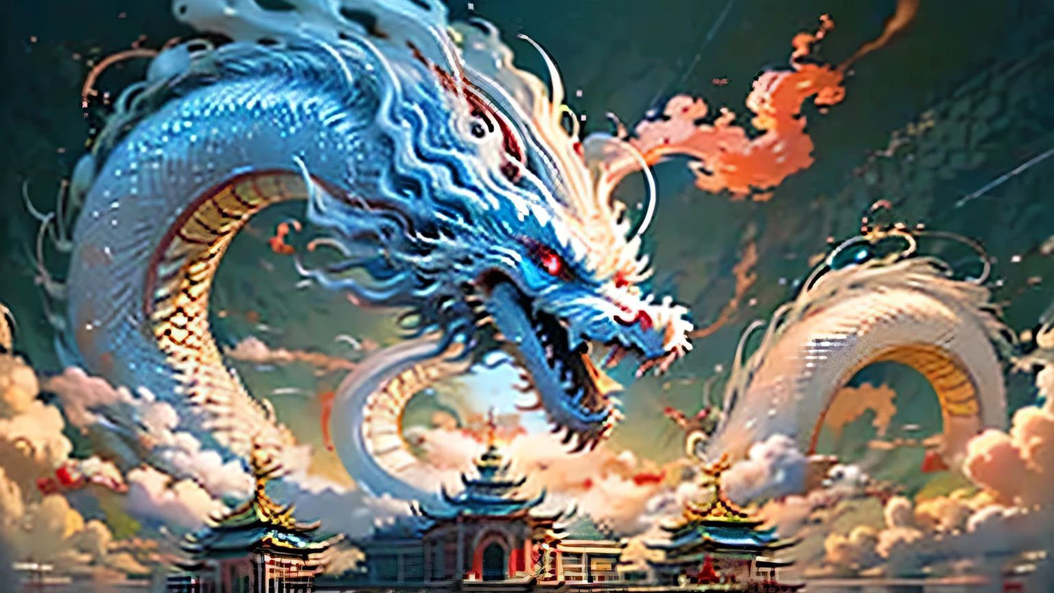 Better Quality, masterpiece, Ultra-high resolution, nu No humans, (Far away: 1.2), No humans, cloud, architecture, East Asian architecture, Red eyes, Open your mouth, heaven, dam, Eastern White Dragon, Cloudy, teeth, flight, light,blue eyes