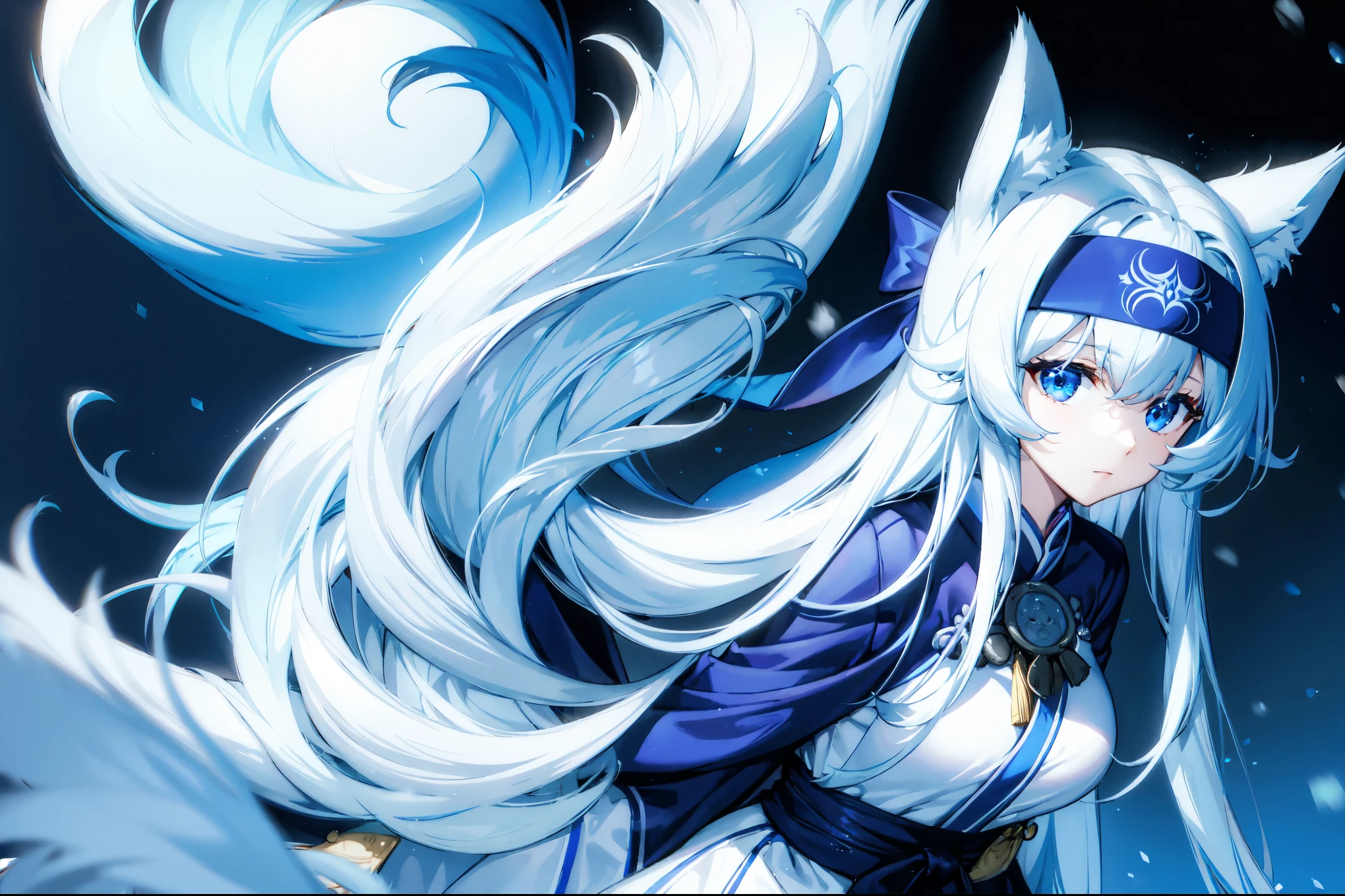 (best quality,highres,masterpiece:1.2),(flatten art:0.7), masterpiece, best quality, 1woman, Anime, darker environment, long white hair, ao dai, blue demon eyes, white fox ear, blue ainu clothes, blue headband, large breast, white fox tail, enticing, night, dark, looking at viewer, solo, winter, snow, faint moonlight, close-up