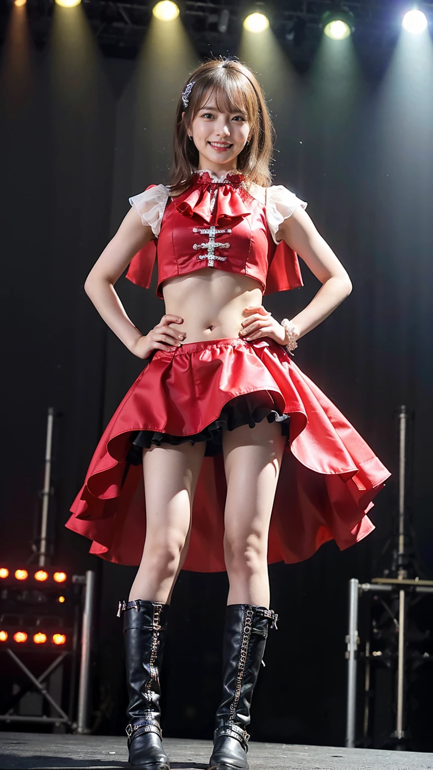 (8k、RAW Photos、highest quality、masterpiece:1.2)、(Realistic、Realistic)、1 girl、((Frilled mini skirt、Arm Covers、CapeBig Breasts、Black and Red、Costume of the heroine、See-through、belly button、boots、Sleeveless、stage、smile、Spotlight、View from the front、Standing with hands on hips))、