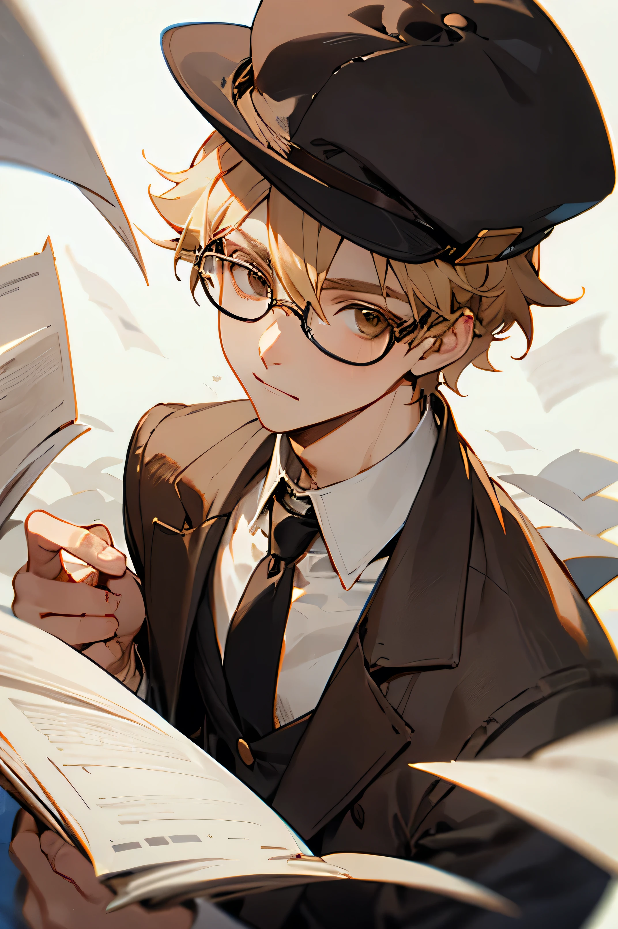 Male, Blonde, Brown eyes,  glasses, holding books, wearing hat, researcher, holding papers