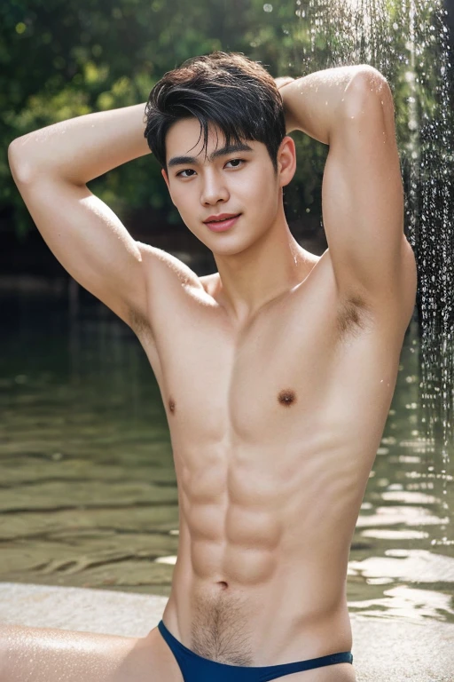 (ung man), age 18, Opposite 3, (Masterpiece, Excellent quality, high resolution, 8ก, complex: 1.2), (detailed face: 1.2), (sexy bikini thong), (shirtless), ((topless)), pubes, lifted arms, Very handsome, Wavy abdominal muscles, Abs, Abdominal hair, Beautiful skin, short hair, Sitting, (Lift your thighs up and spread them apart), The body was wet, There were water droplets on the body, Focus Man, ((realistic)), good lighting quality, delicate body, Idol, ((Pale skin)), balanced eyes, brown eyes, smile, white teeth, smooth hair, 