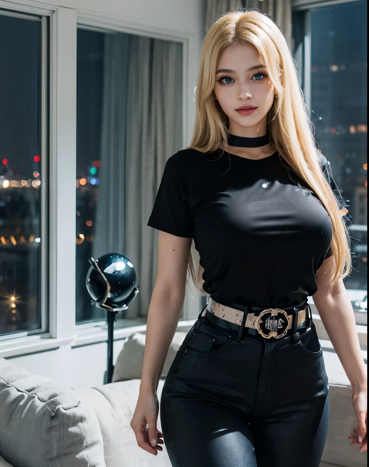 1girl, (Blue Eyes), (smiling :1.2), (Sana Minatozaki), (black makeup with glitter :1.2), (wide hips), (Big tits), (big ass), (Best Quality, 8k, Masterpiece: 1.3), Clear Focus: 1.2, Perfect Body Beauty: 1.4, strong abs, Highly detailed face and skin texture, (detailed eyes :1.2), double eyelids, (blonde long straight hair :1.4), (black t-shirt), (skinny jeans whit belt :1.2), standing, dynamic pose, in a living room at night, windows whit city at night in the background
