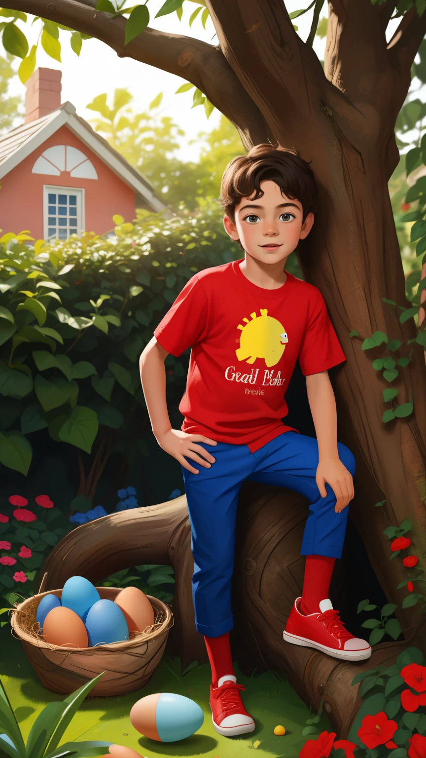 Realistic portrait of a -year-boy, wears a red shirt , Short blue pants . His face is childish and exploratory . The spacious garden of the house, Get close to a tree , A nest with some eggs