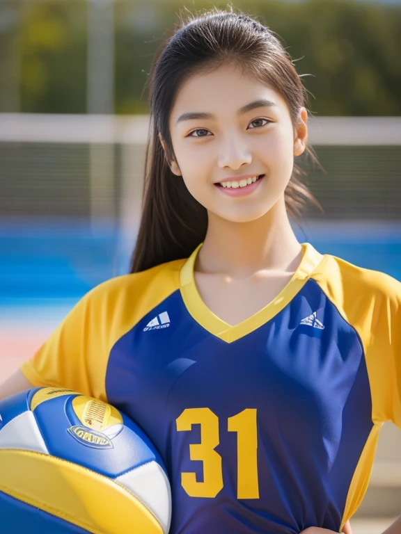 Asian woman Arav in a blue and red volleyball uniform poses for a photo., Wear a volleyball shirt., Height 165 cm, Height 155 cm, Wear a basketball shirt., Shin Min Jung, Cute sportswear, wearing a swimsuit, Seson Yoon, With a backdrop of natural light., Korean female fashion model, Heonhwa Cho