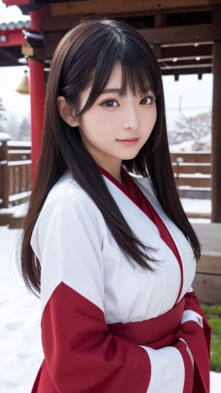 8K、Detailed Description、Very high definition、Realistic、reality的、Real、live-action、reality、High resolution、Nogizaka46、japanese idol,beautiful girl、21 years old、profile,Daytime、Snow Scene、Dark brown eyes,red hakama,white japanese shrine maiden outfit,shurine,light smile,Shrine grounds、Shrine maiden、Shrine maidenの衣装、Mouth closed、Long Hair、Knee-up-top angle of view、Back view、look back、Very black hair、pretty girl、Beauty、Glowing Skin、Glowing Skin、Shiny Hair、Very white skin、Heavy makeup、Large Breasts、Slit eyes、Dark brown eyes、Big Eyes、Double eyelids、Don&#39;t show your teeth、Look at me and smile、clear、smile、light smile