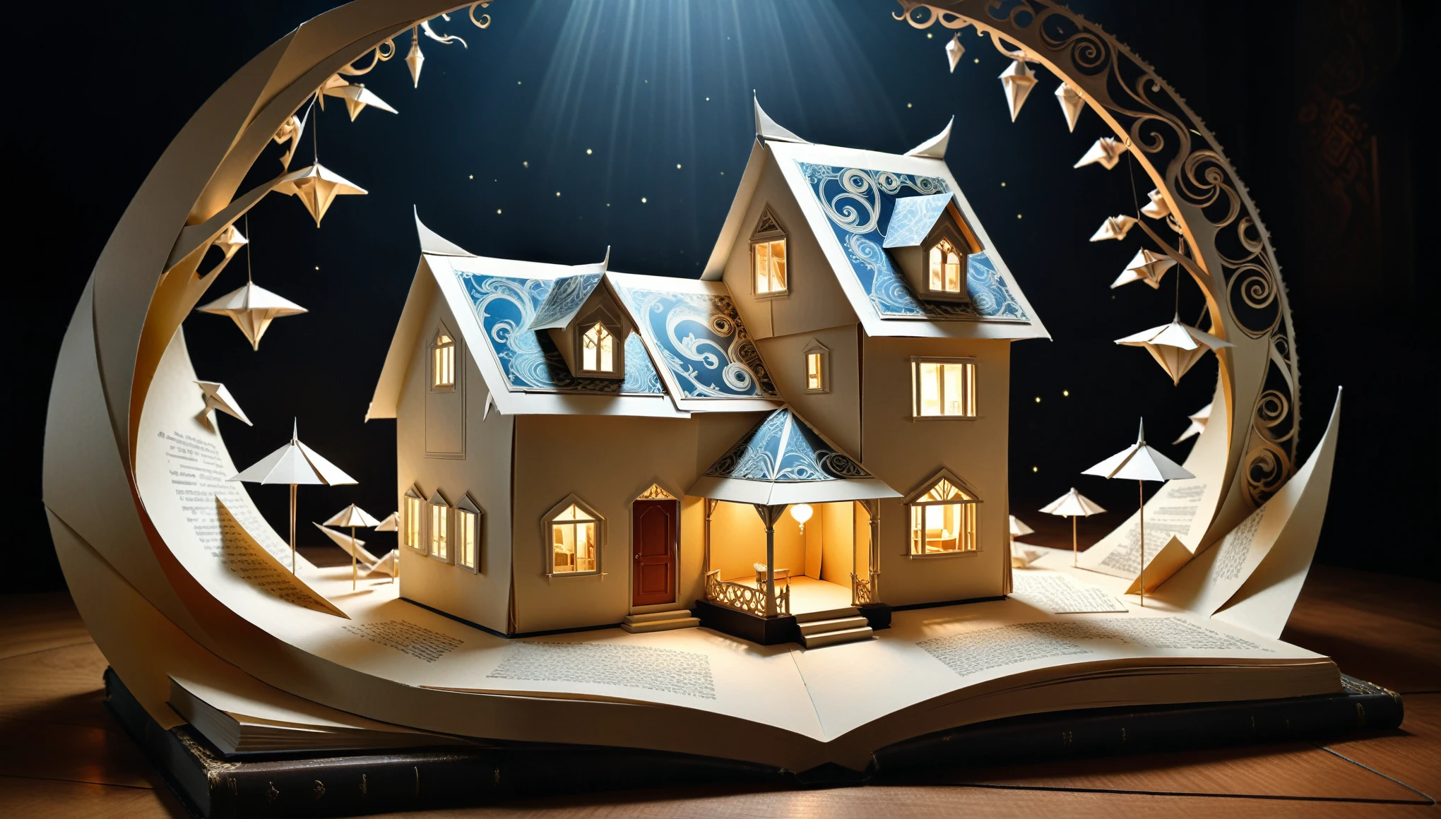 (in style of Karol Bak:1.1),in style of Daniel Merriam,
(the art of origami:1.2),a book,origami into a house,a house made entirely of folded pages,surrealist scenography,fantasy concept scene,
huge filesize,optical illusion,((art nouveau)),Cinematic Lighting,realistic,reality,photo_(medium),