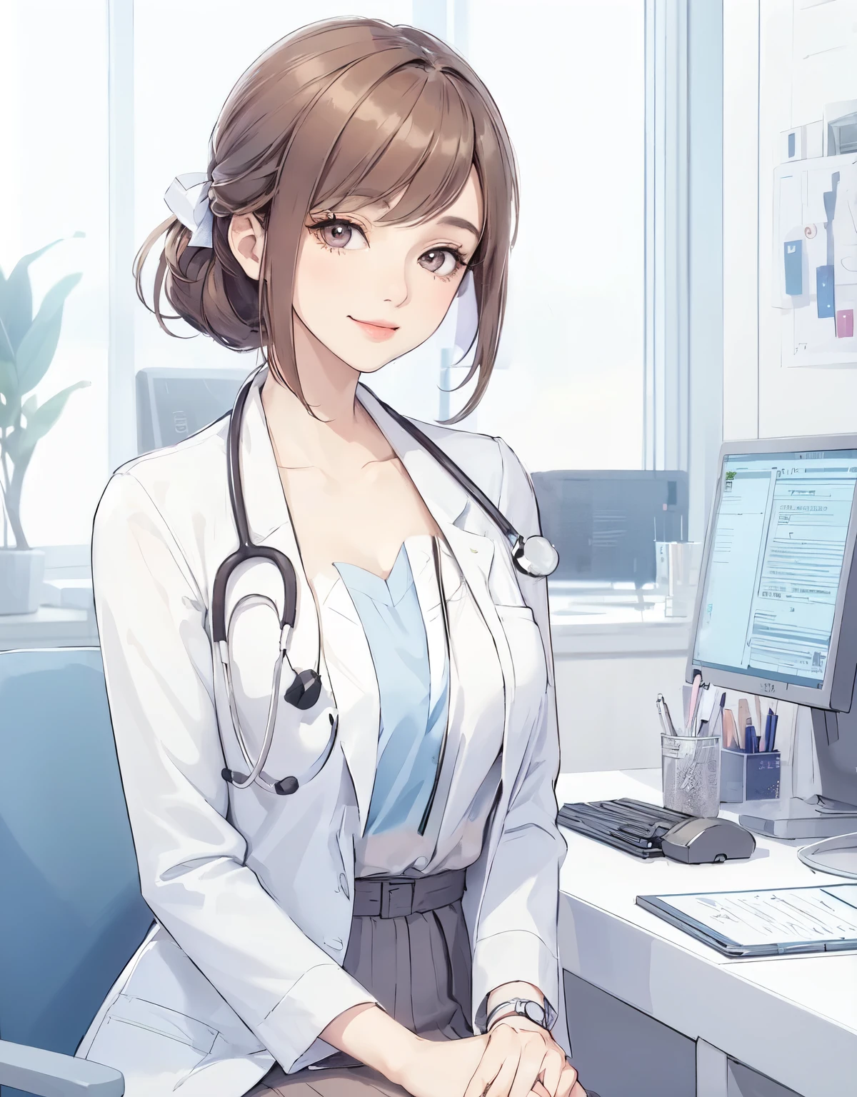 1lady solo, sitting, (looking at viewers), (white lab coat) stylish outfit, mature female, /(light brown hair/) bangs, kind smile, (masterpiece best quality:1.2) delicate illustration ultra-detailed, large breasts, /(stethoscope around neck/) BREAK (hospital examination room) indoors, work desk, detailed background