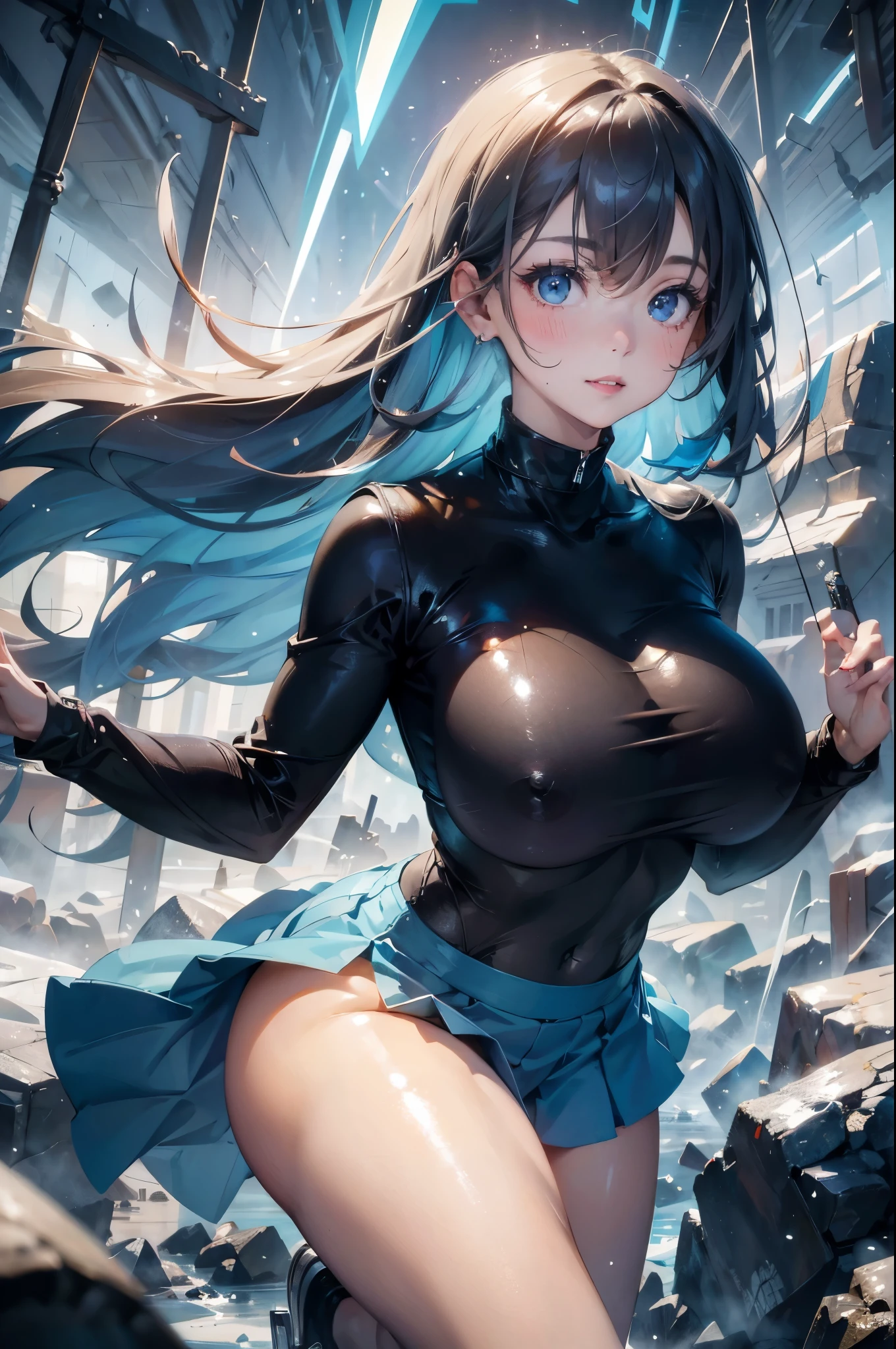 (masterpiece), best quality, eyes without emotion, Perfect face, 1 Girl, Solitary, Huge breasts, sad, Bangs, Hourglass figure, , Mother, long hair, curls, (Light blue hairBREAK Light blue eyesBREAK) lipstick, Snow Forest, ice, ice冷的地板, Cloudy sky, ice skates, permanent, SweaterBREAK Black tightsBREAK Blue skirtBREAK Shut up, Smile, dancing on ice, Crazy breast swelling