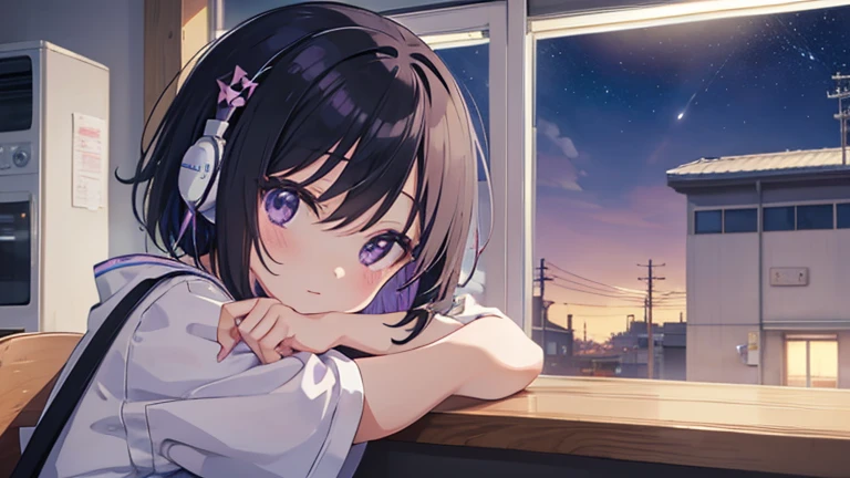 Masterpiece、Cute girl sitting on a chair in a laundromat listening to music on headphones　、Bob Hair、Black Hair、Purple Eyes、Droopy eyes、Warm lighting　Outside the room, Starry sky.　Japanese anime style、dream-like、pastel colour、Happy