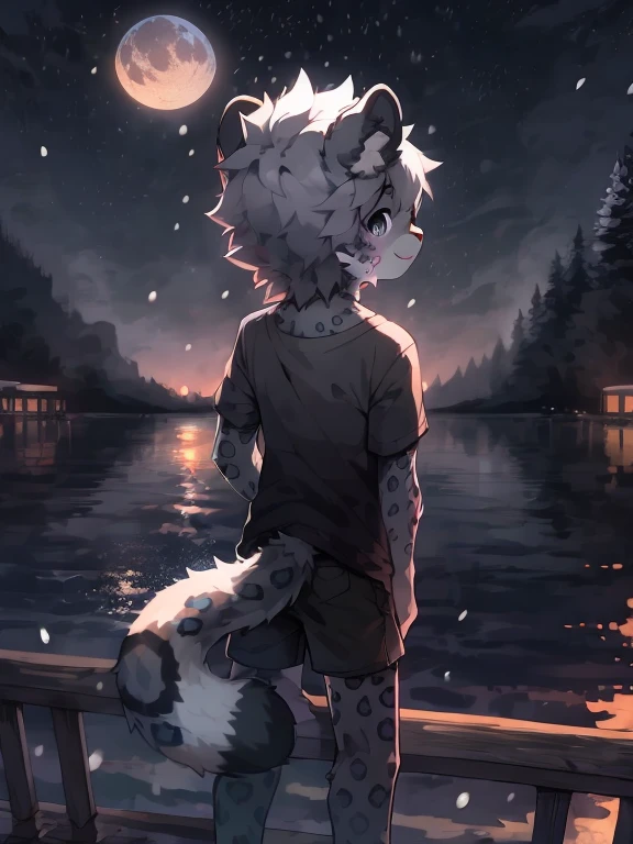 snow leopard, male, furry, gray fluffy hair, gray fury, loose t-shirt, spots on face, dark aqua eyes, dark sky, full moon, fireworks, rounded black ear, young, full body, back turned on viewer, long tail, happy, snowing outside, lake, leaning on rail