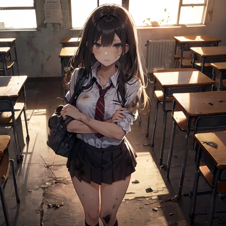 A group of female students, (in classroom), various hair styles, harem, post apocalyptic, details face, short skirt, seducing, school uniforms, dirty body, shattered glass