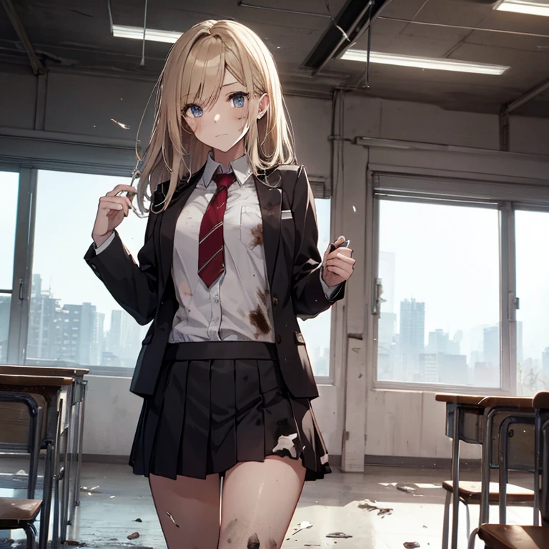 A group of female students, (in classroom), various hair styles, harem, post apocalyptic, details face, short skirt, seducing, school uniforms, dirty body, shattered glass