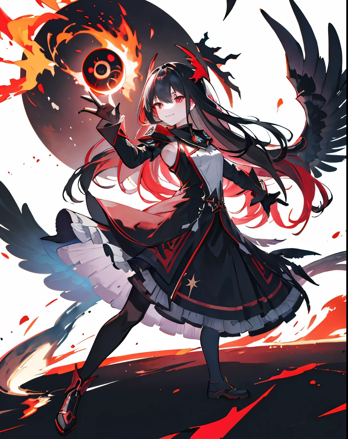 Art Station, White Background, Standing in the Wilderness,whole body、Equipped with Crow Gauntlets、Long Black Hair、triumphant smile、Small breasts、, As if smoke and shadows were given shape, Wings made from giant crows, Dancing crow feathers, Many glowing red eyes, Shadow Claw, Supernatural Lightning and Fire, ((black sun)), 8K High Resolution, トレンドArt Station, whole body,Black feather frill dress、A whirlpool of countless red-eyed crows、Nova explosion、Nuclear explosion