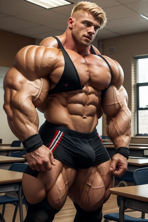 A group of muscular young male college students with bleached blonde hair standing in a classroom staring blankly with open mouth and slumped shoulders as their muscles grow bigger and begin to tear out of their tight shirts, becoming just another group of stereotypical dumb bodybuilder jock bros in the community as they flex to each other and say, "Welcome to Muscleville, home of the Trogs...." in dull voices. Hyper muscles. Big biceps. Big triceps. Big traps. Broad shoulders. Massive pecs. Strong abs. Broken Tank top strap. Bulging crotch. Hyper bulge. Bro. Brain to brawn. Brute. Assimilation. Hypnosis. Brainwashing. Dumber and dumber. IQ drain. Compression gear.